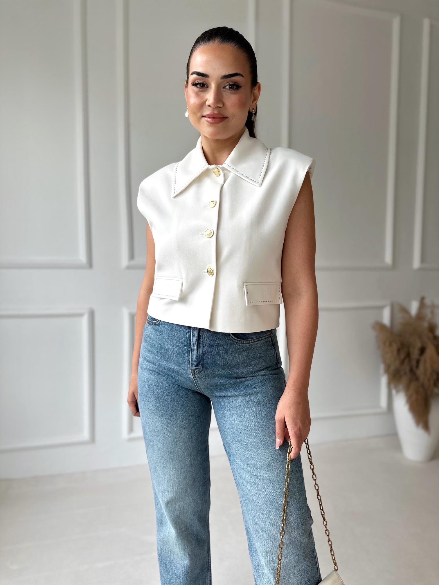 Premium Kalite Kontrast Dikiş Detaylı Yelek-Beyaz