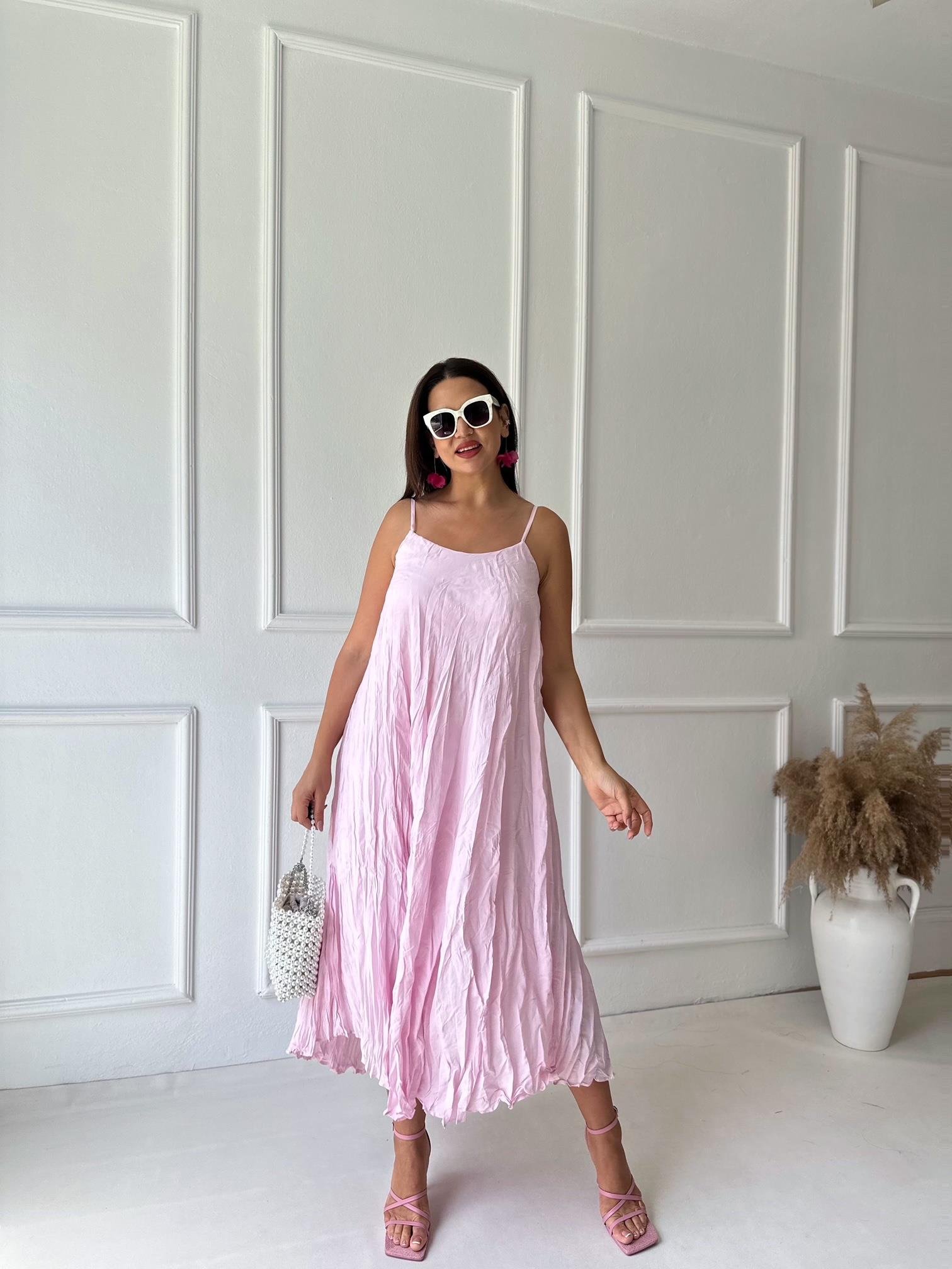 Premium Kalite Krinkıl Pamuklu Kumaş Askılı Elbise Pembe