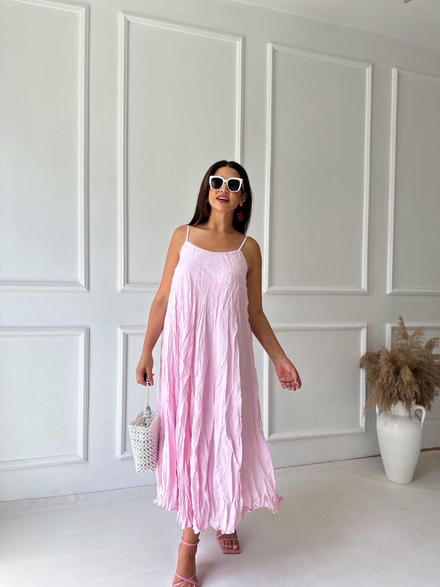 Premium Kalite Krinkıl Pamuklu Kumaş Askılı Elbise Pembe