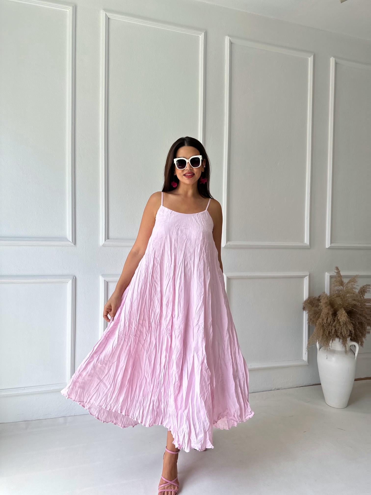 Premium Kalite Krinkıl Pamuklu Kumaş Askılı Elbise Pembe