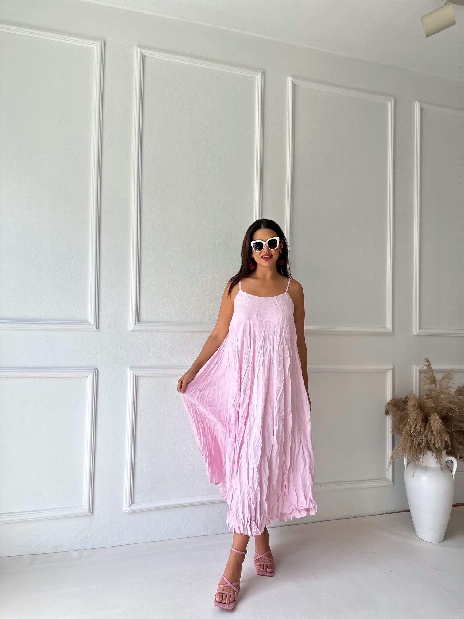 Premium Kalite Krinkıl Pamuklu Kumaş Askılı Elbise Pembe