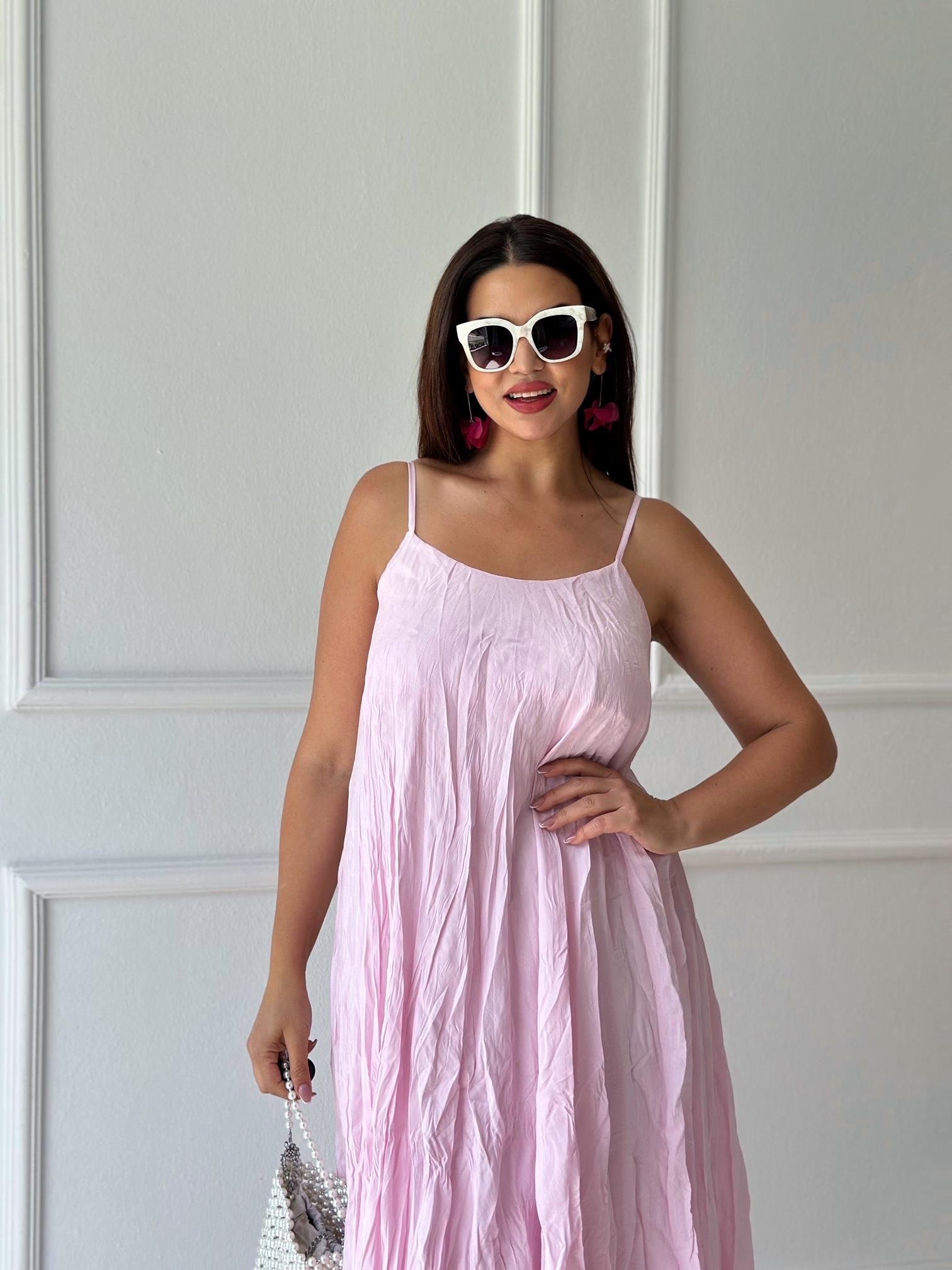 Premium Kalite Krinkıl Pamuklu Kumaş Askılı Elbise Pembe