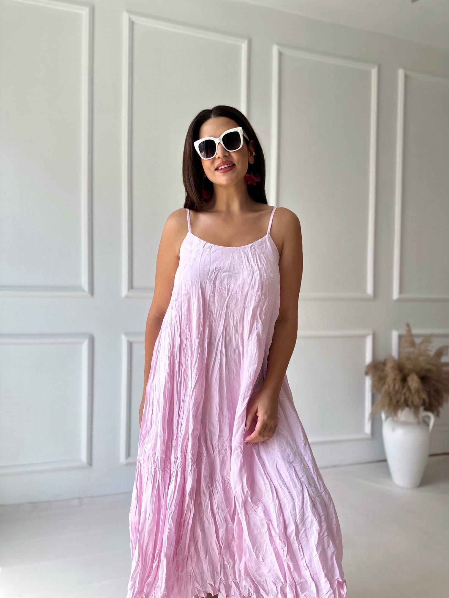 Premium Kalite Krinkıl Pamuklu Kumaş Askılı Elbise Pembe