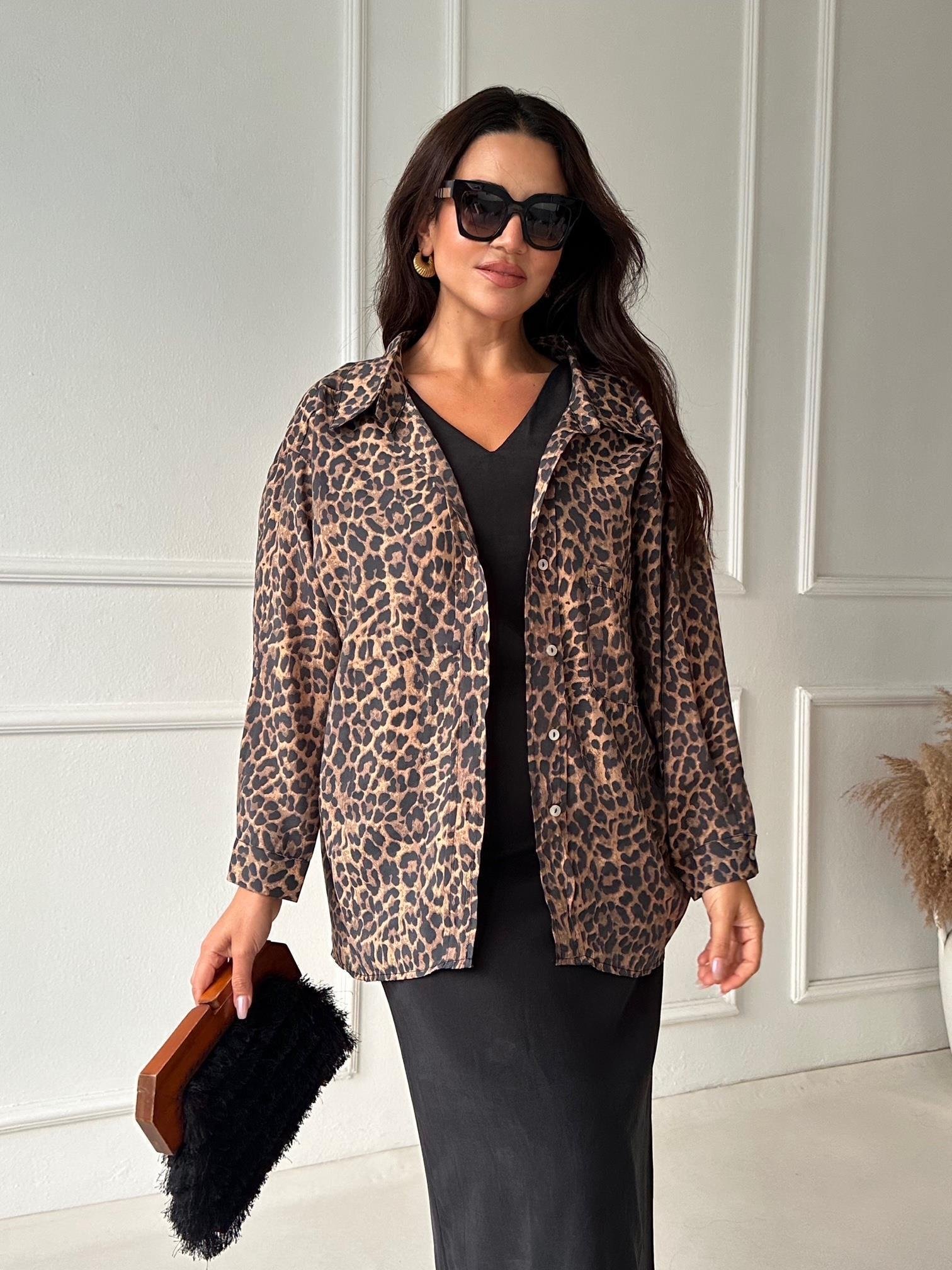 Premium Kalite Leopar Desen Tensel Gömlek