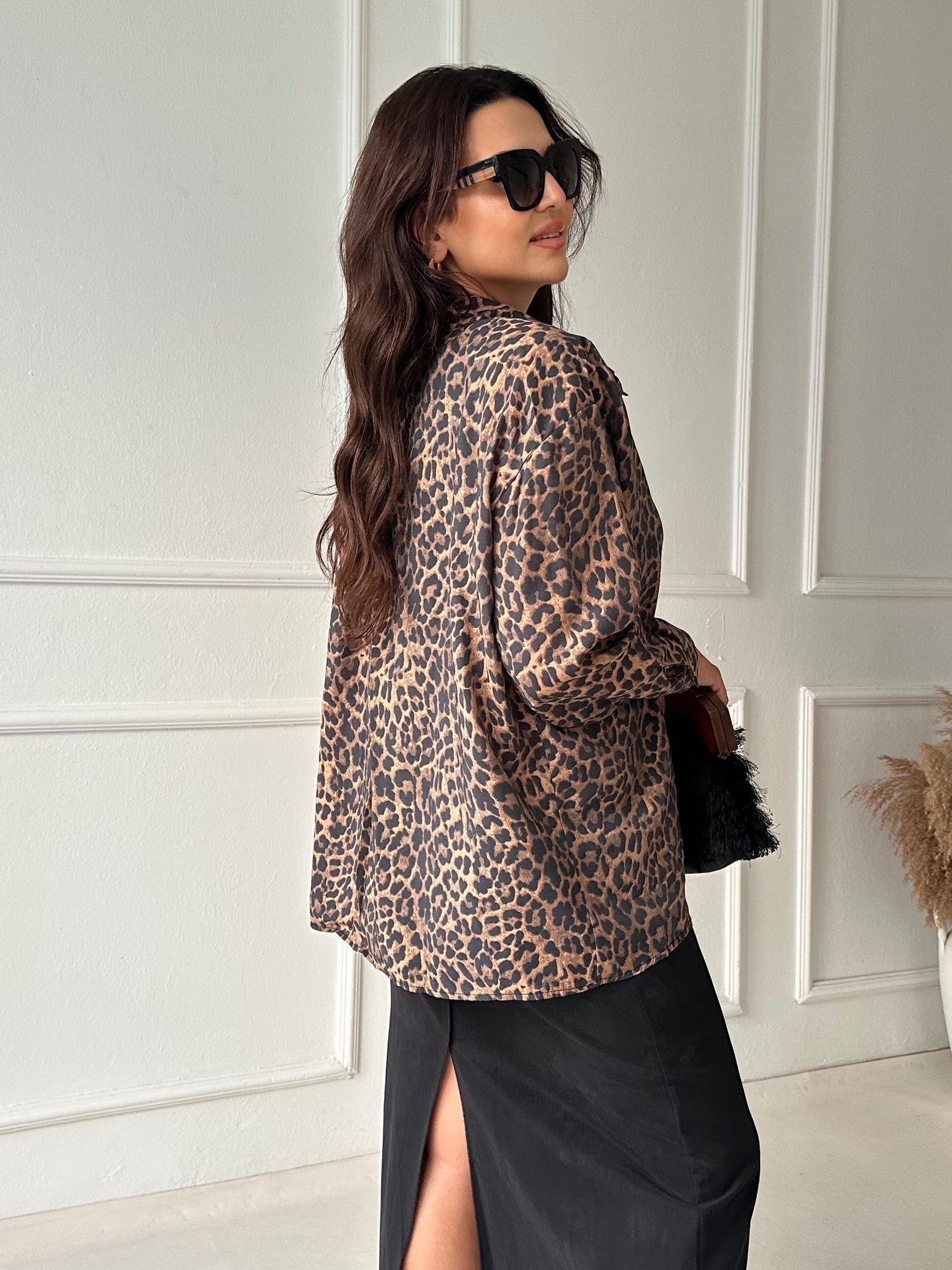 Premium Kalite Leopar Desen Tensel Gömlek