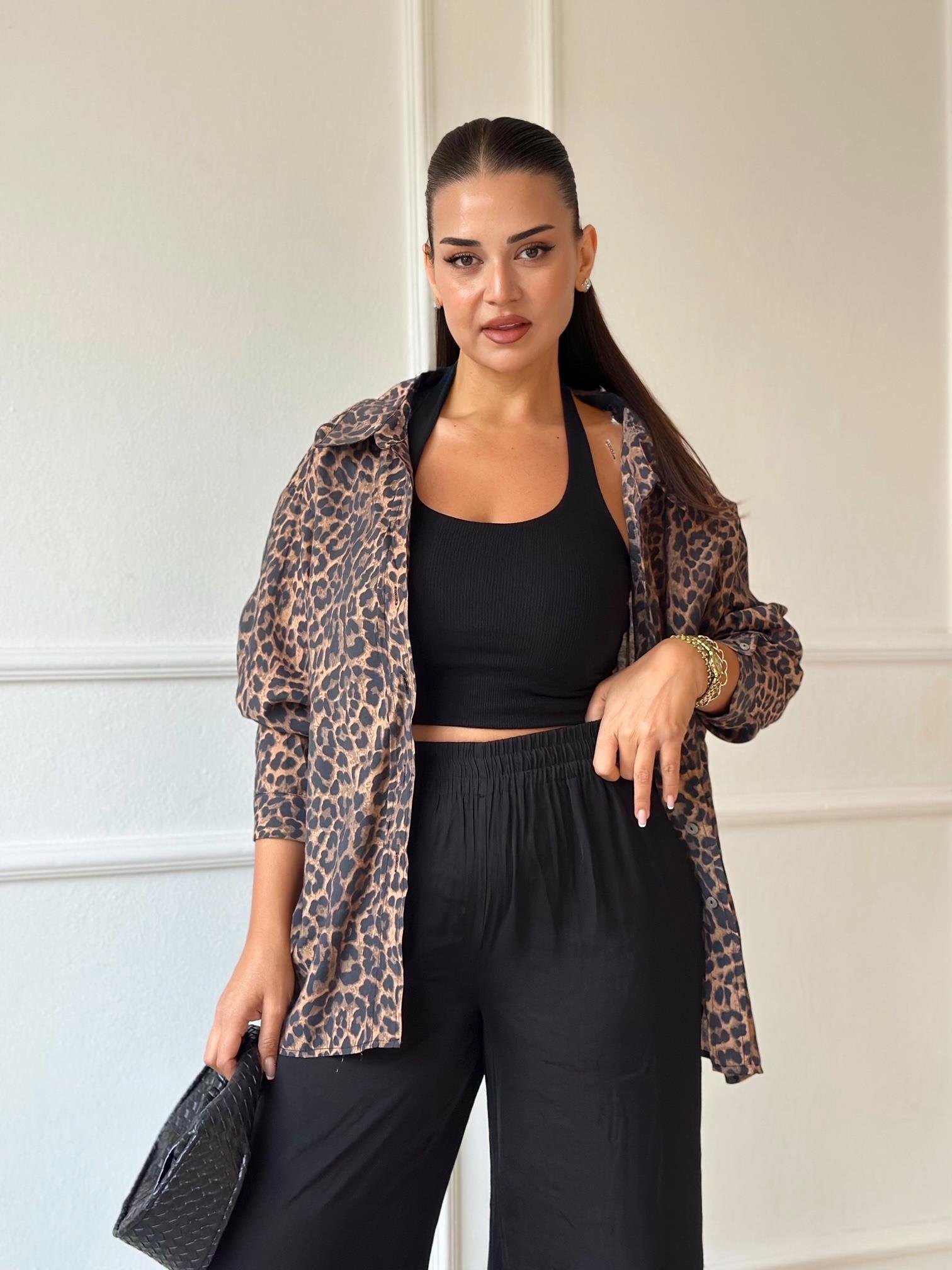 Premium Kalite Leopar Desen Tensel Gömlek - Nora Butik
