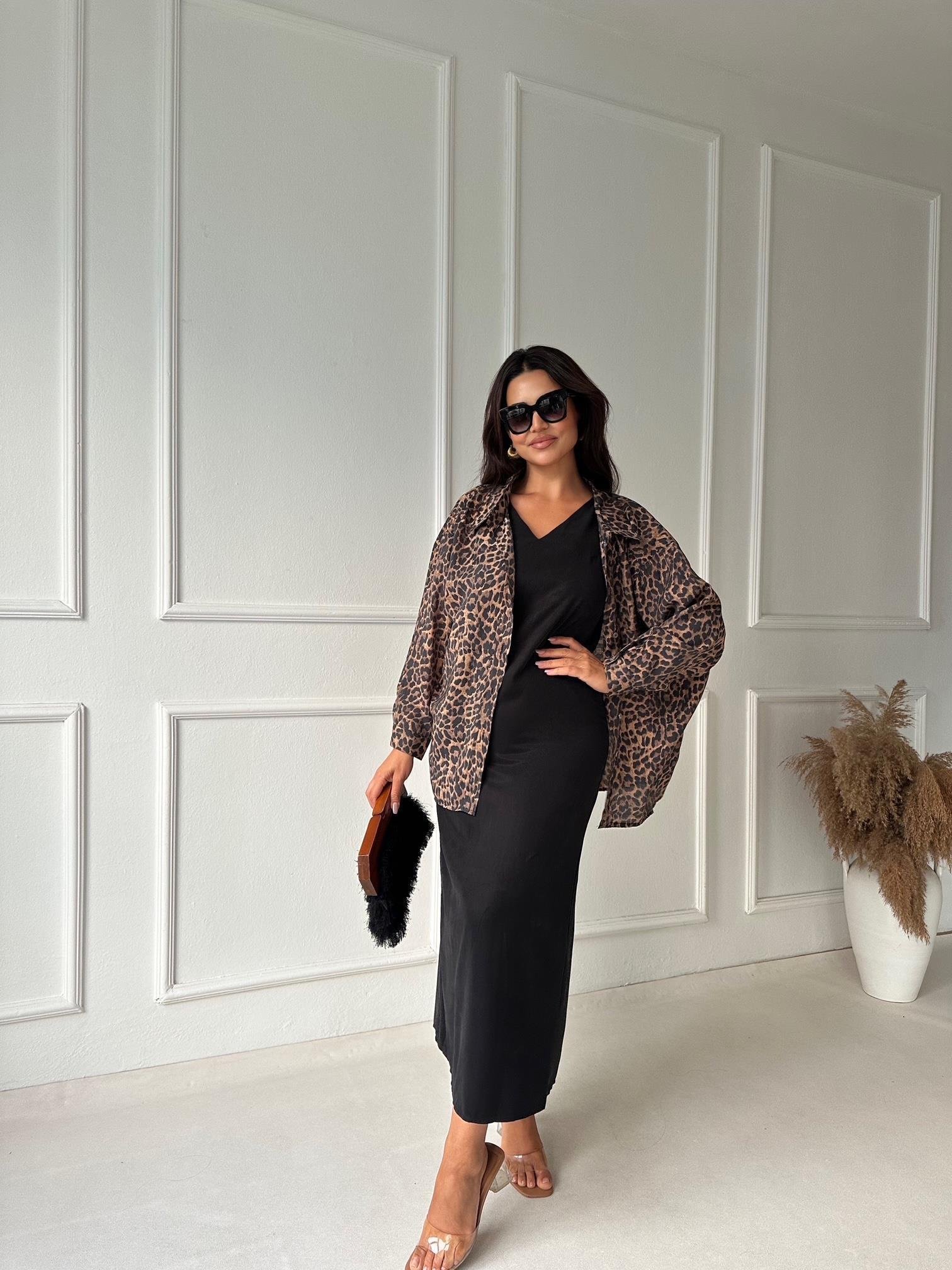 Premium Kalite Leopar Desen Tensel Gömlek