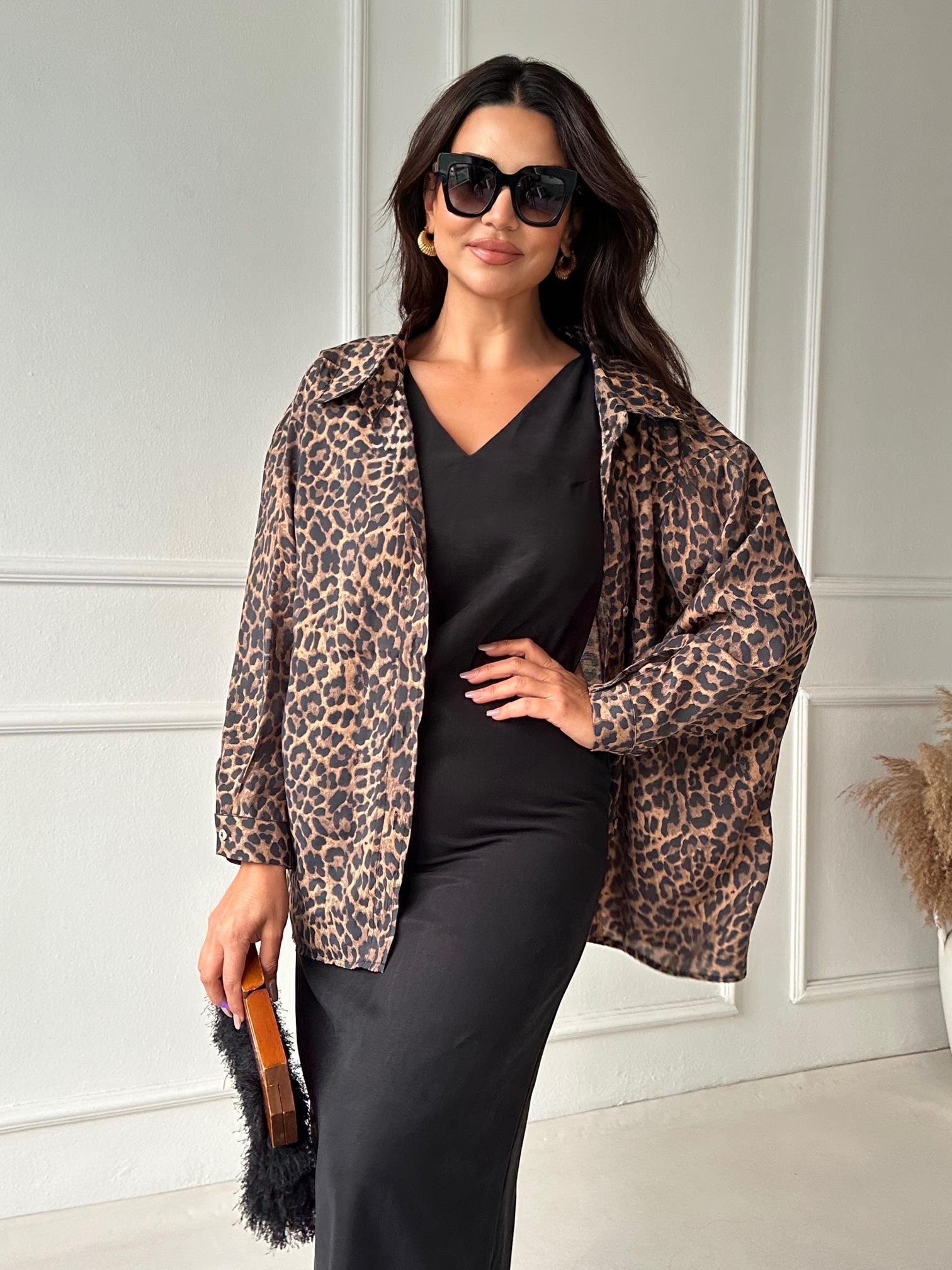 Premium Kalite Leopar Desen Tensel Gömlek