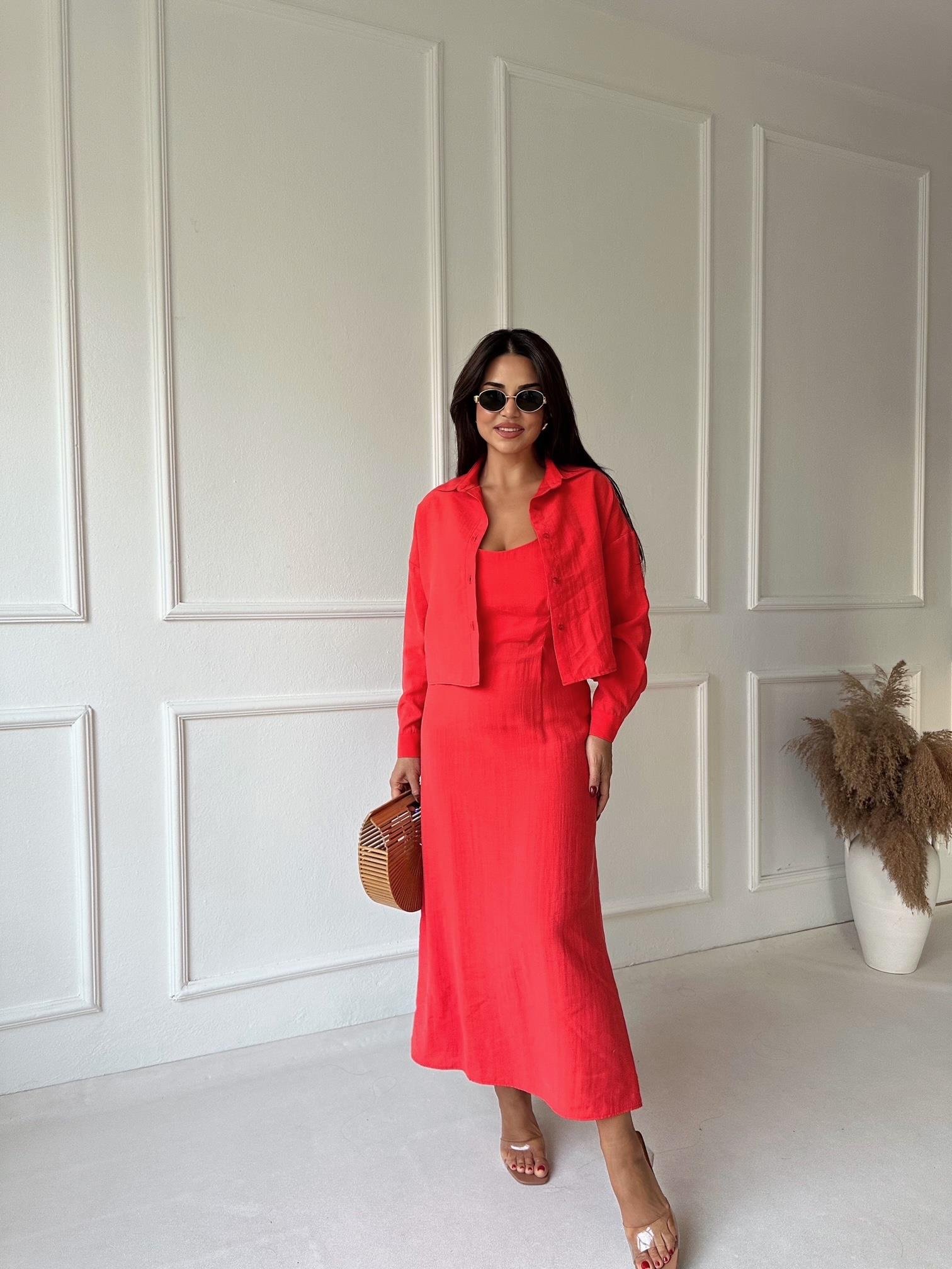 Premium Kalite Nar Çiçeği Tensel Gömlek Elbise Takım