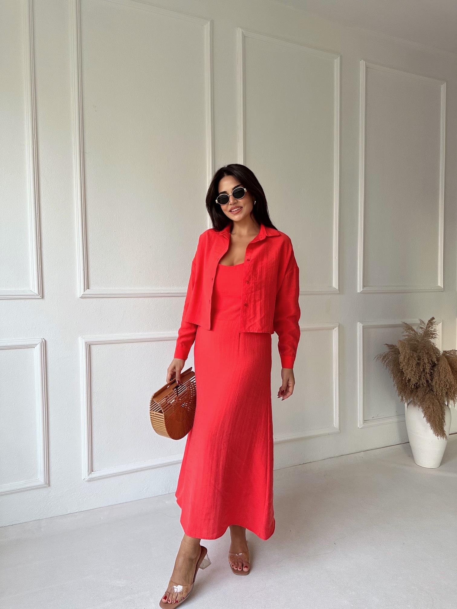 Premium Kalite Nar Çiçeği Tensel Gömlek Elbise Takım