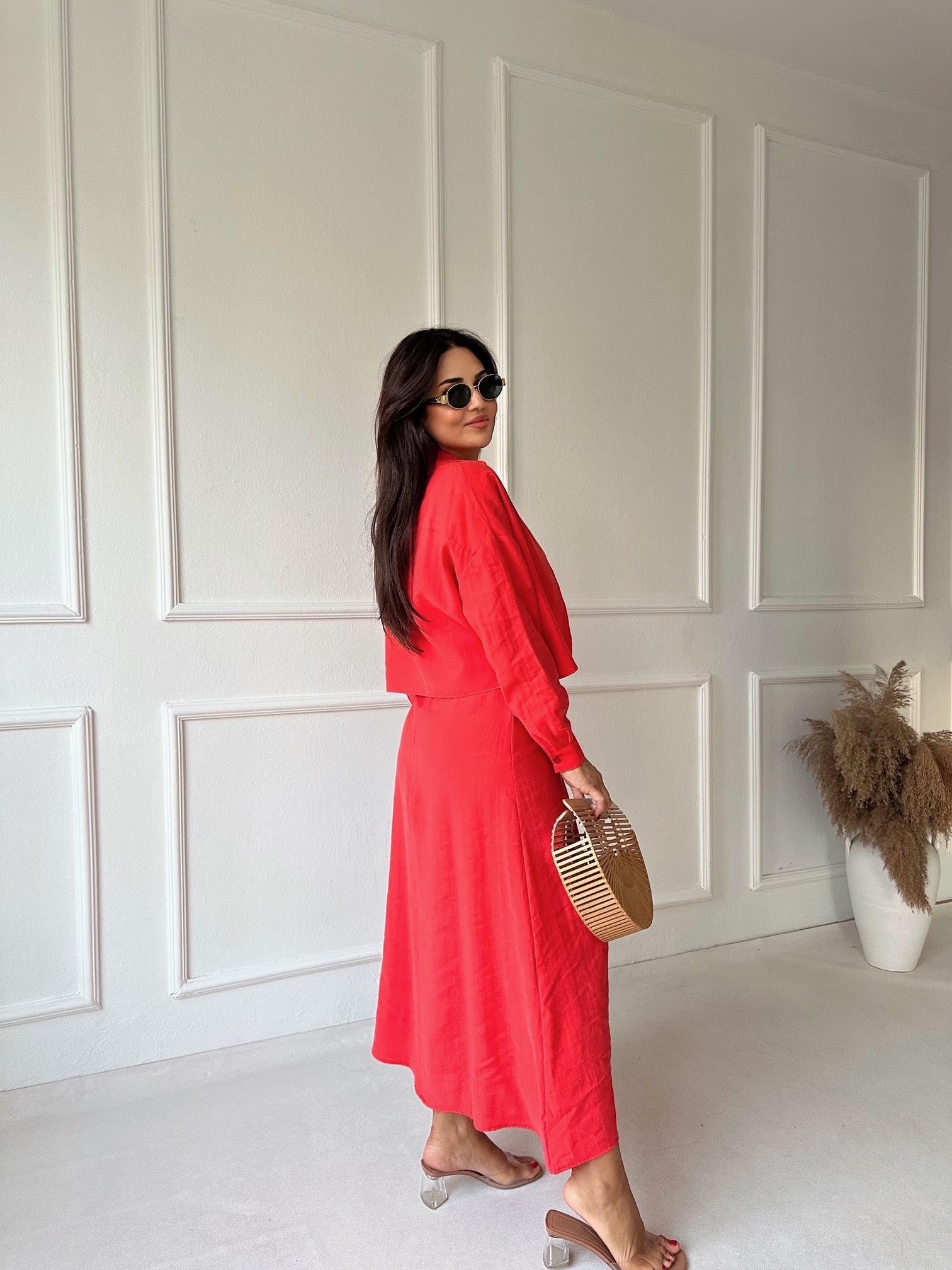 Premium Kalite Nar Çiçeği Tensel Gömlek Elbise Takım