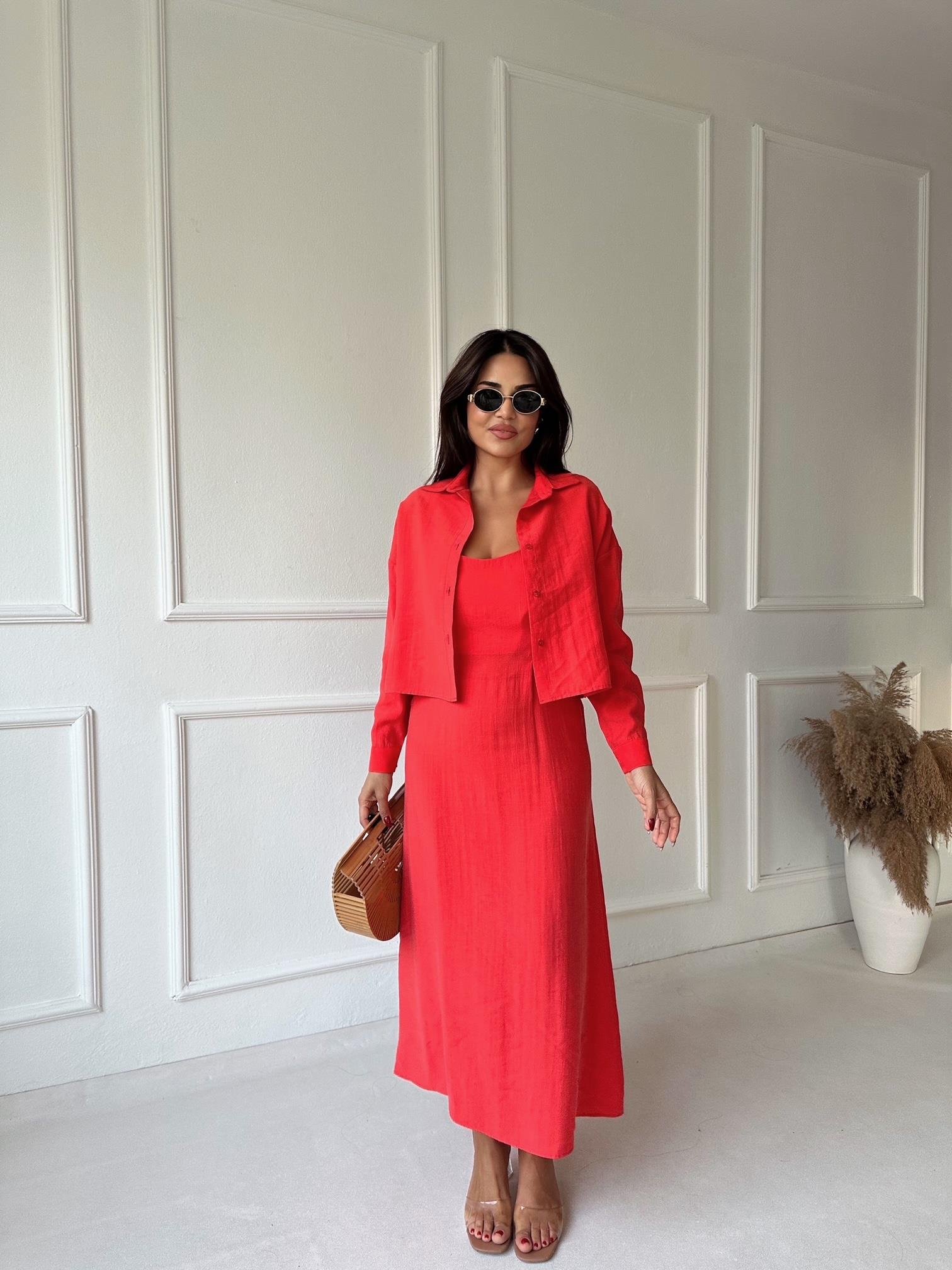 Premium Kalite Nar Çiçeği Tensel Gömlek Elbise Takım