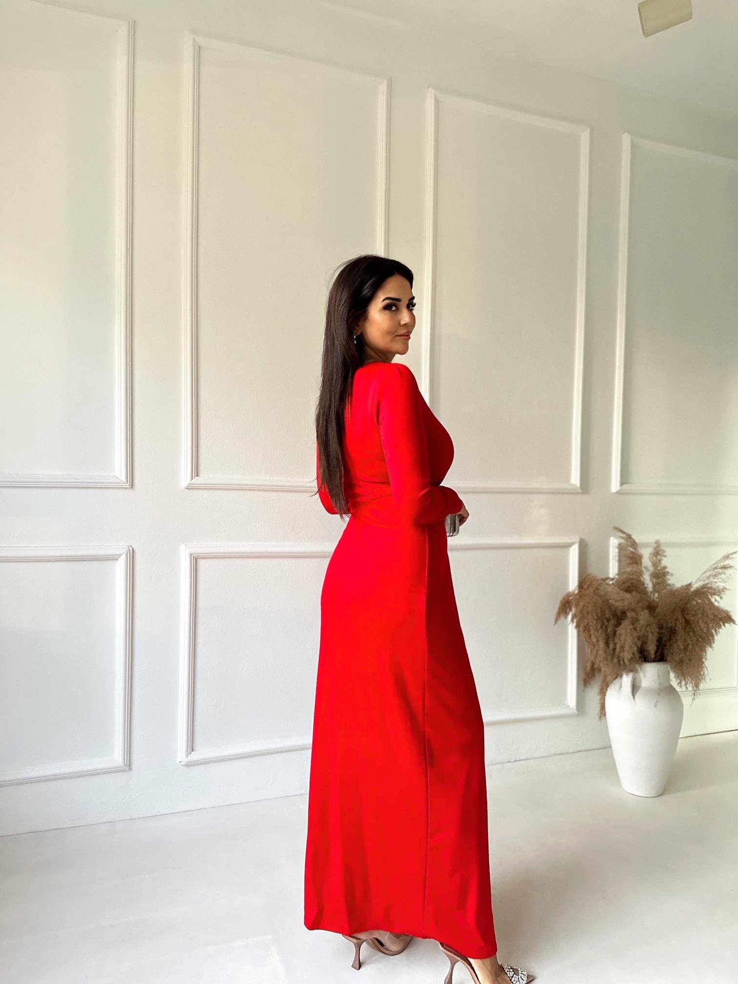 Premium Kalite Önü Düğüm Detaylı Kırmızı Maksi Elbise 