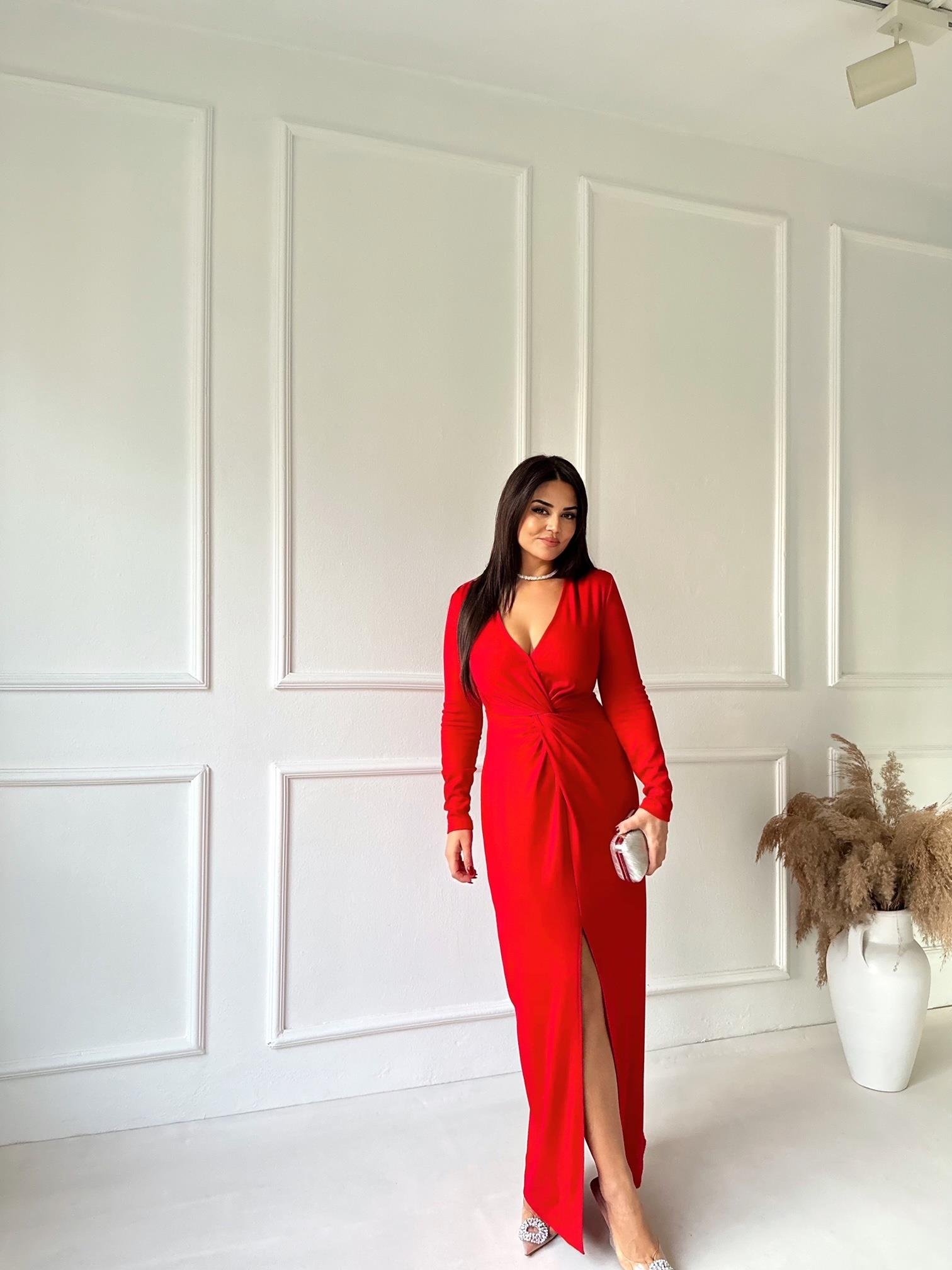 Premium Kalite Önü Düğüm Detaylı Kırmızı Maksi Elbise 