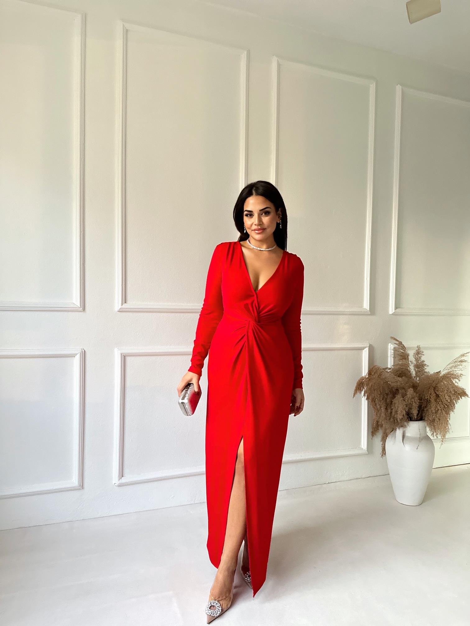 Premium Kalite Önü Düğüm Detaylı Kırmızı Maksi Elbise 