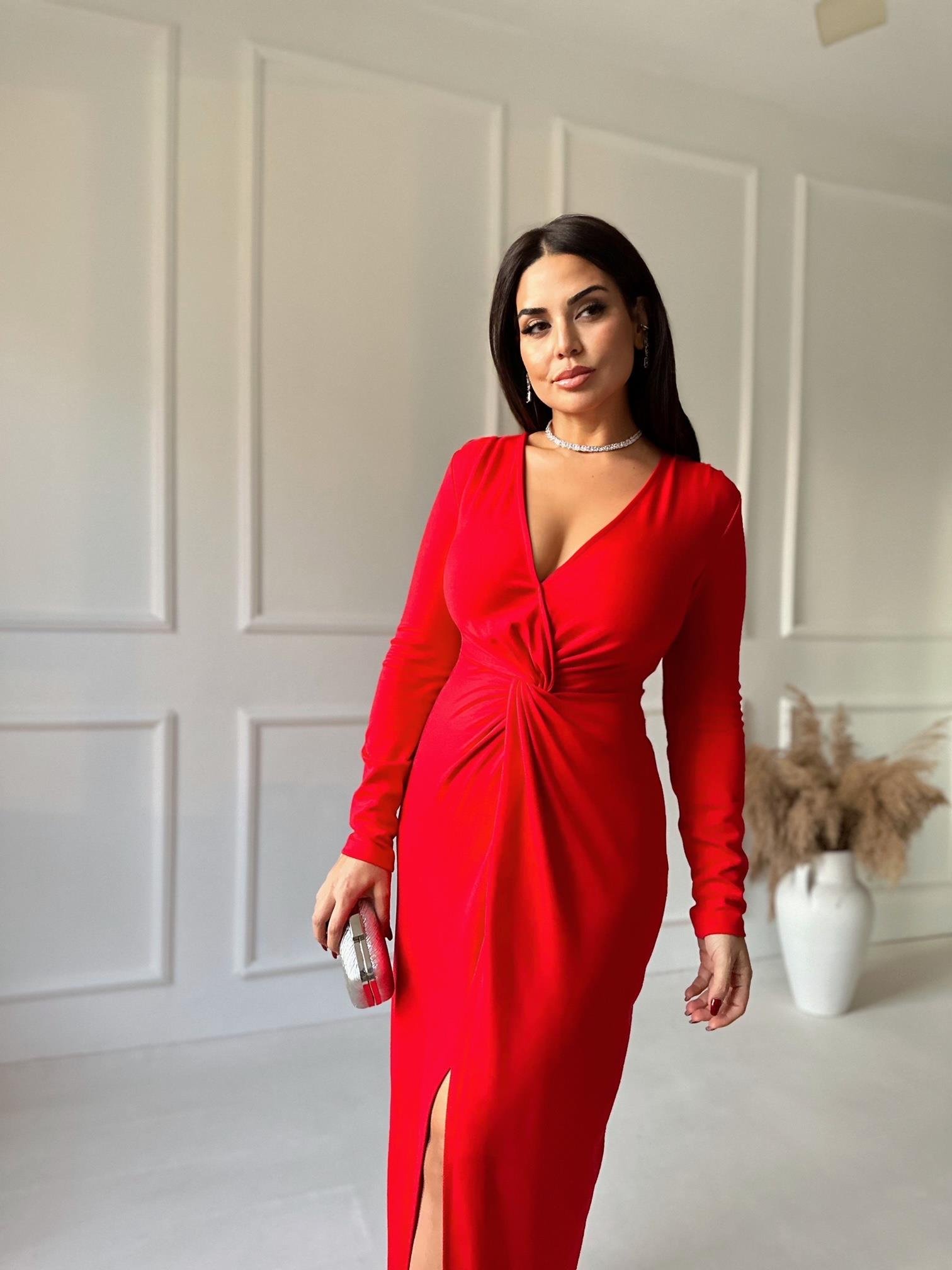 Premium Kalite Önü Düğüm Detaylı Kırmızı Maksi Elbise 