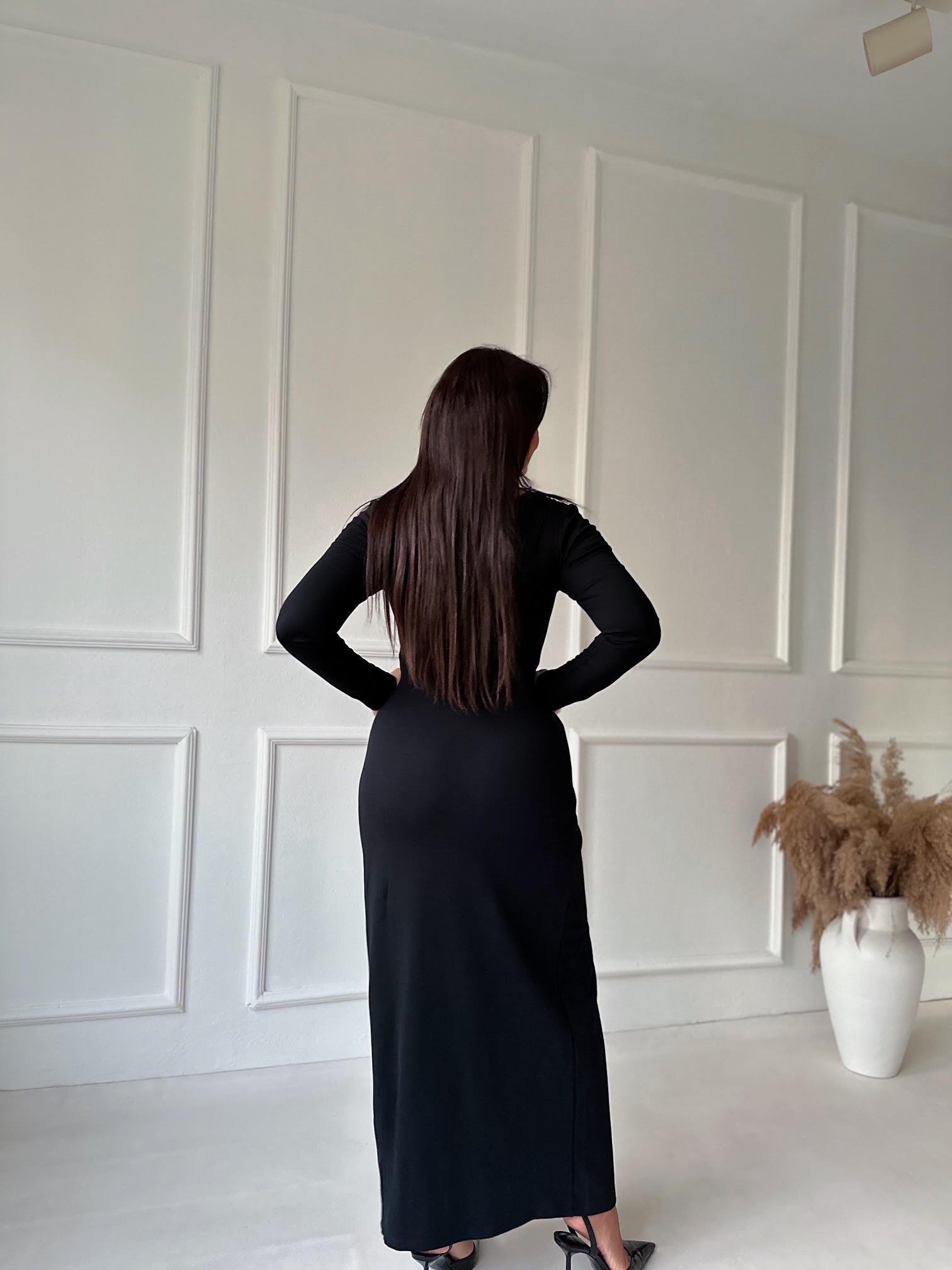 Premium Kalite Önü Düğüm Detaylı Siyah Maksi Elbise 