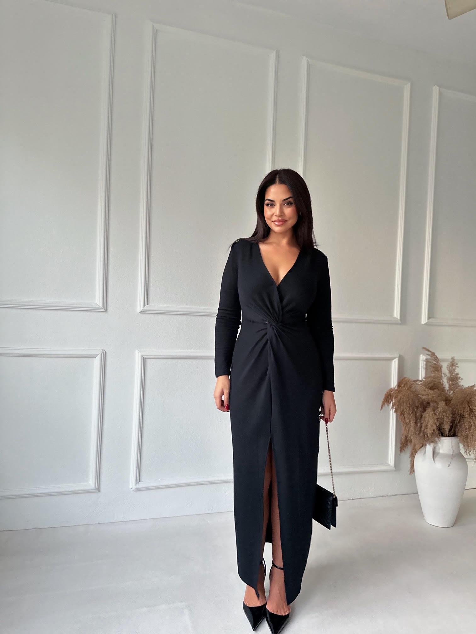 Premium Kalite Önü Düğüm Detaylı Siyah Maksi Elbise 