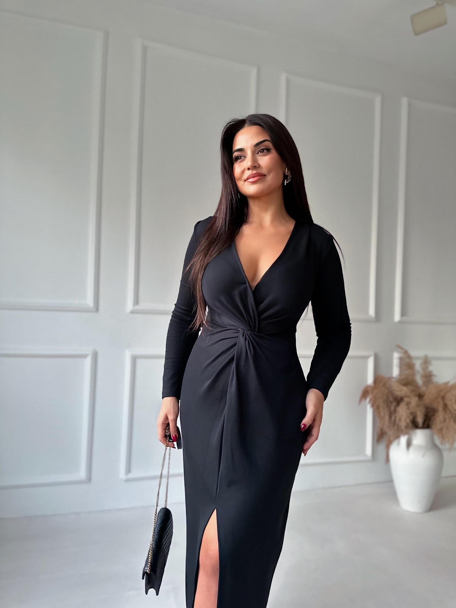 Premium Kalite Önü Düğüm Detaylı Siyah Maksi Elbise 