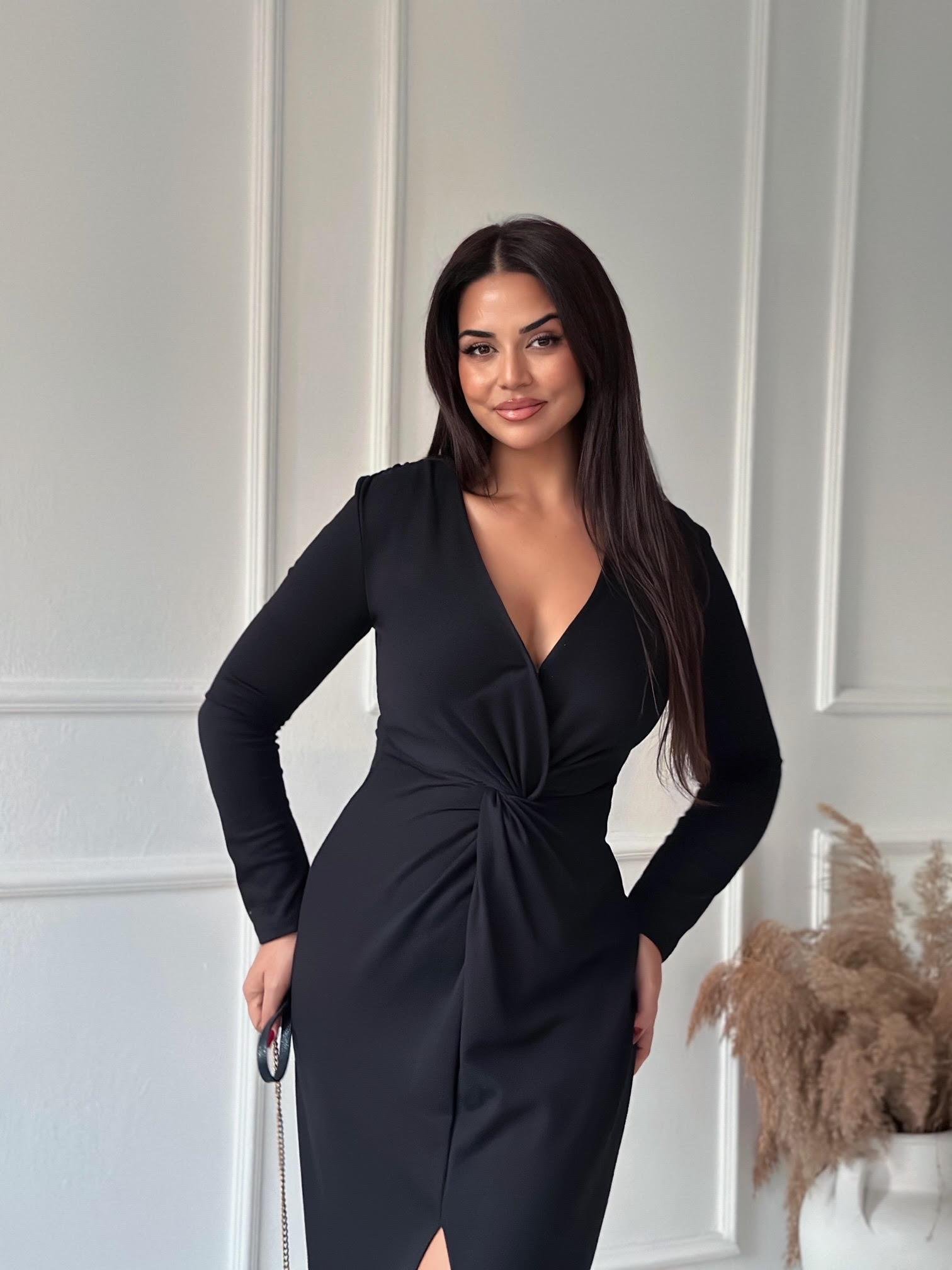 Premium Kalite Önü Düğüm Detaylı Siyah Maksi Elbise 