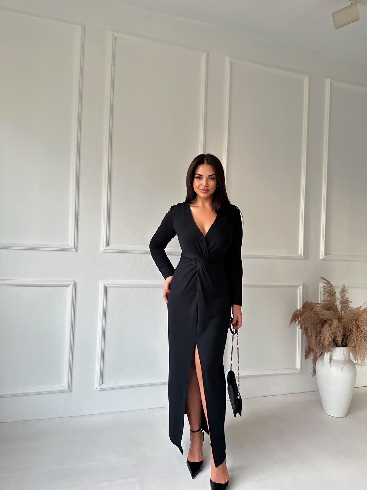 Premium Kalite Önü Düğüm Detaylı Siyah Maksi Elbise 