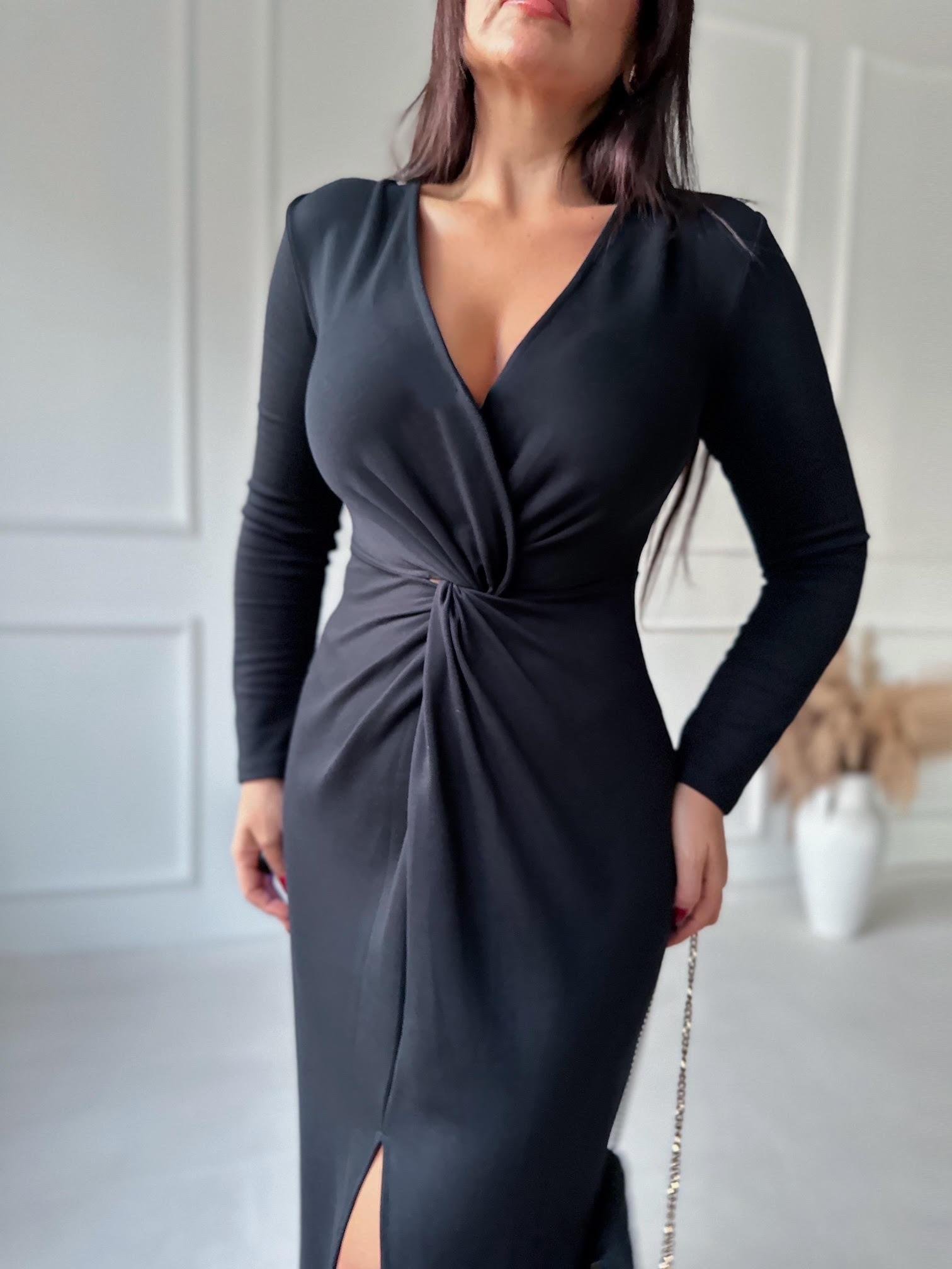 Premium Kalite Önü Düğüm Detaylı Siyah Maksi Elbise 