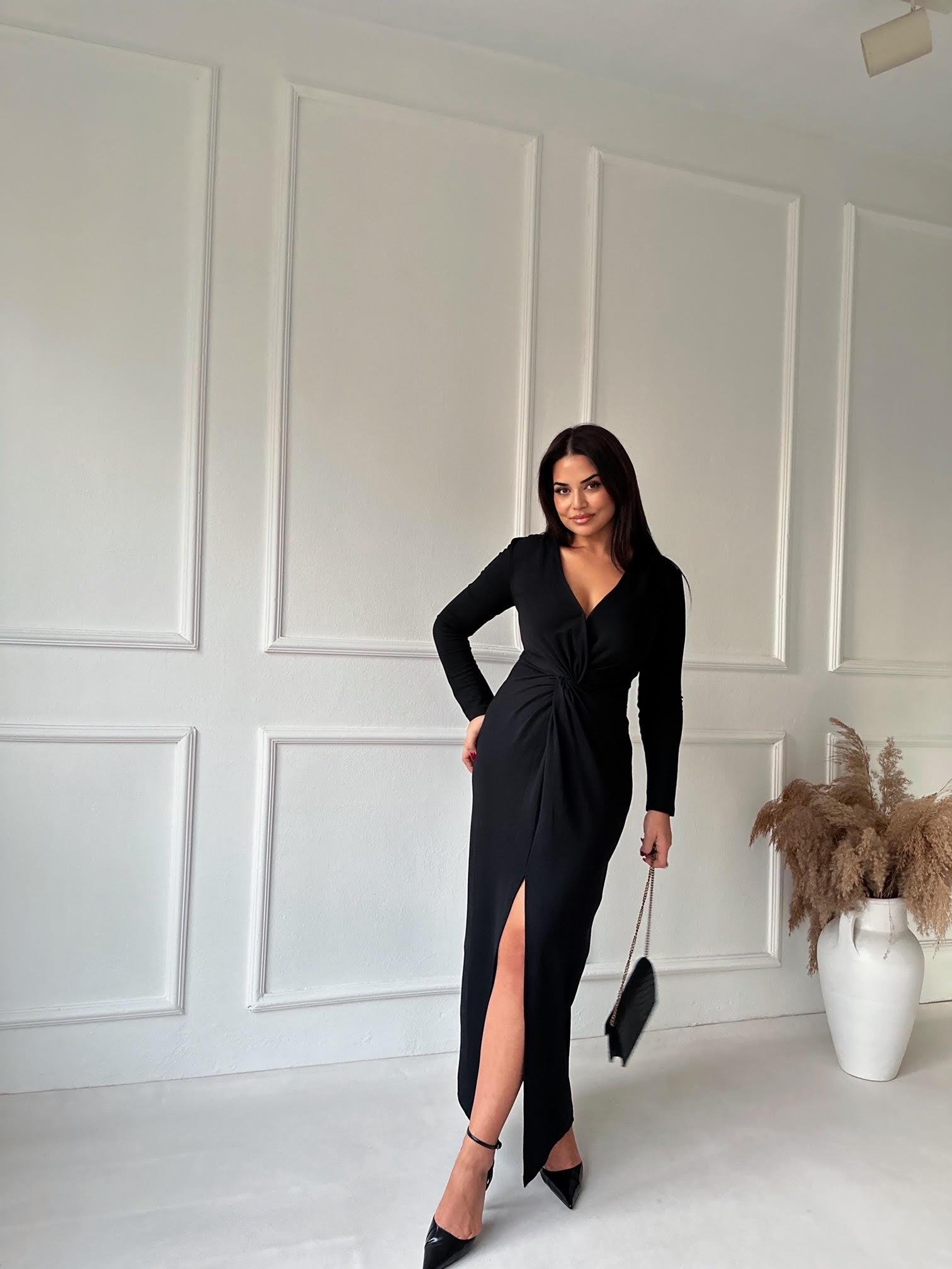 Premium Kalite Önü Düğüm Detaylı Siyah Maksi Elbise 