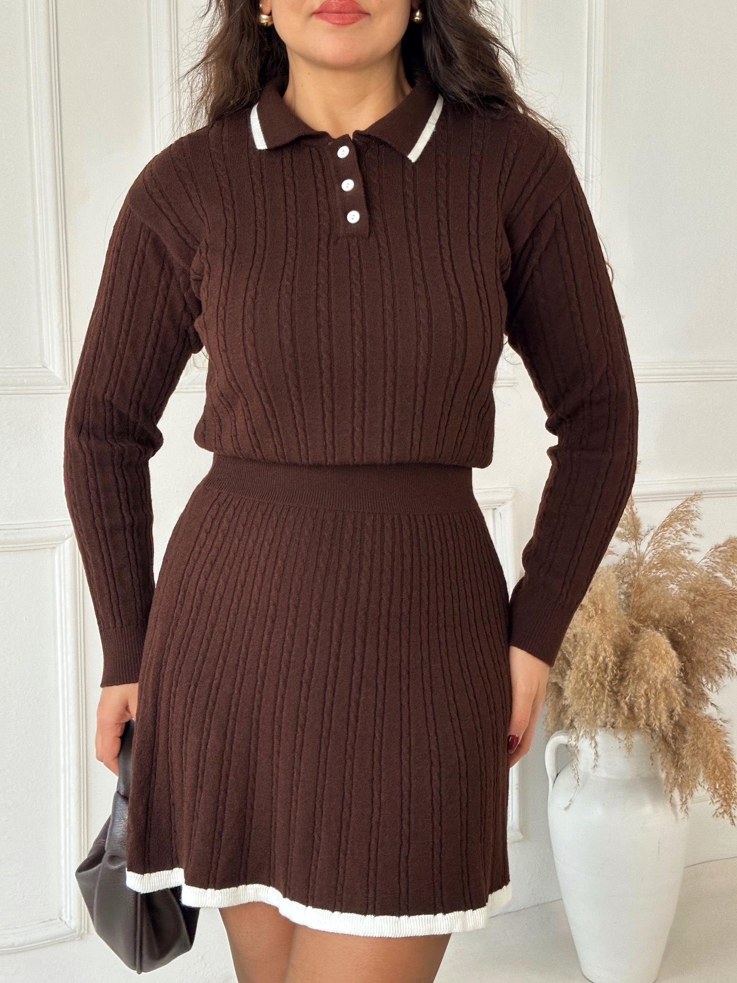 Premium Kalite Örgülü Kazak Ve Etek Triko Takım - Kahve | Nora Butik