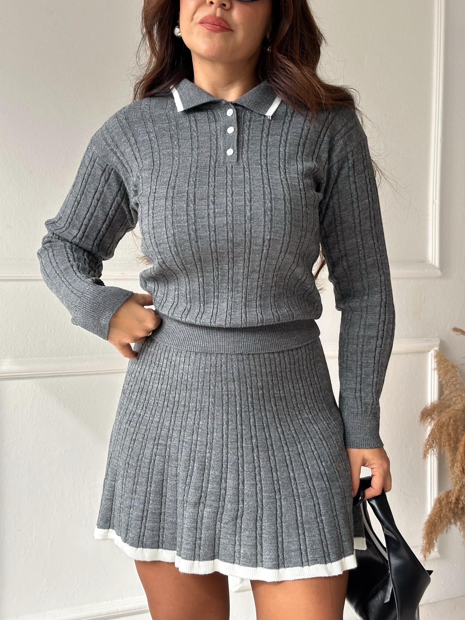 Premium Kalite Örgülü Kazak Ve Etek Triko Takım - Antrasit  | Nora Butik