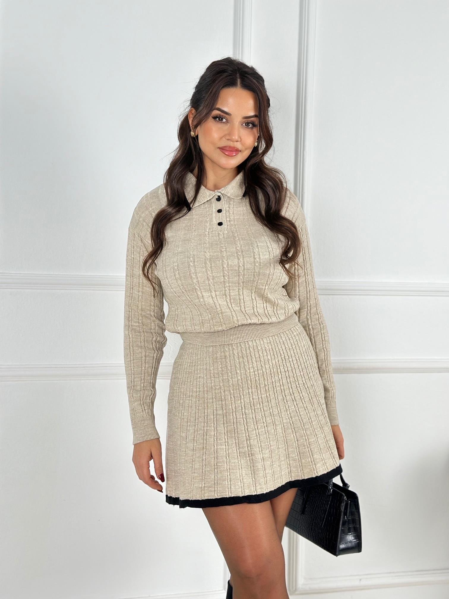 Premium Kalite Örgülü Kazak ve Etek Triko Takım - Taş