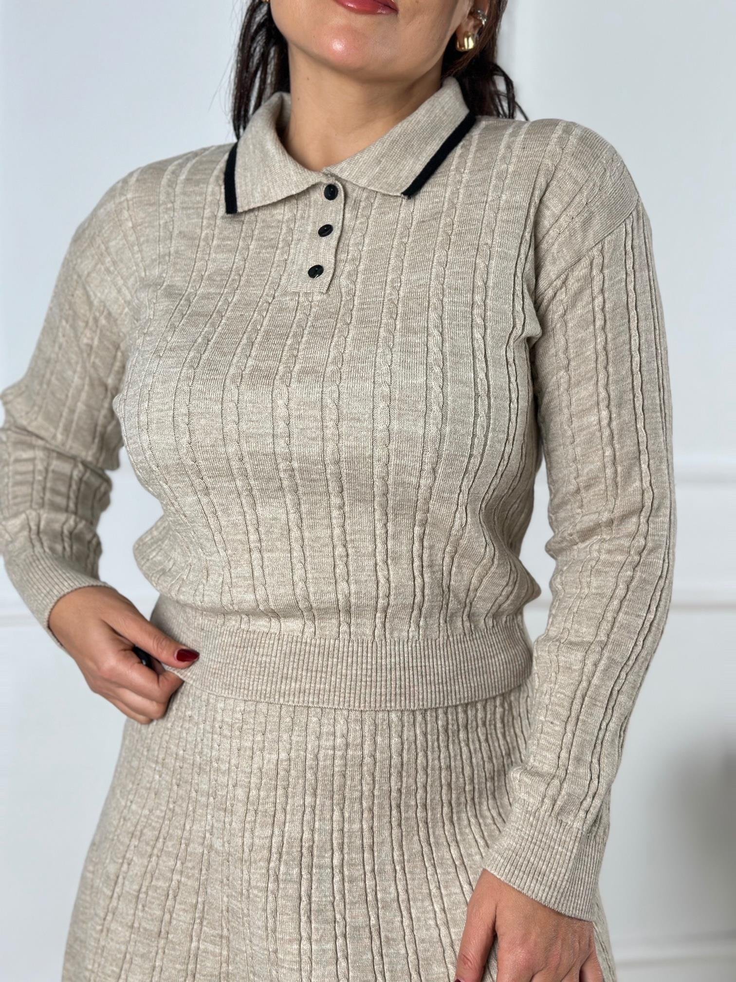 Premium Kalite Örgülü Kazak ve Etek Triko Takım - Taş