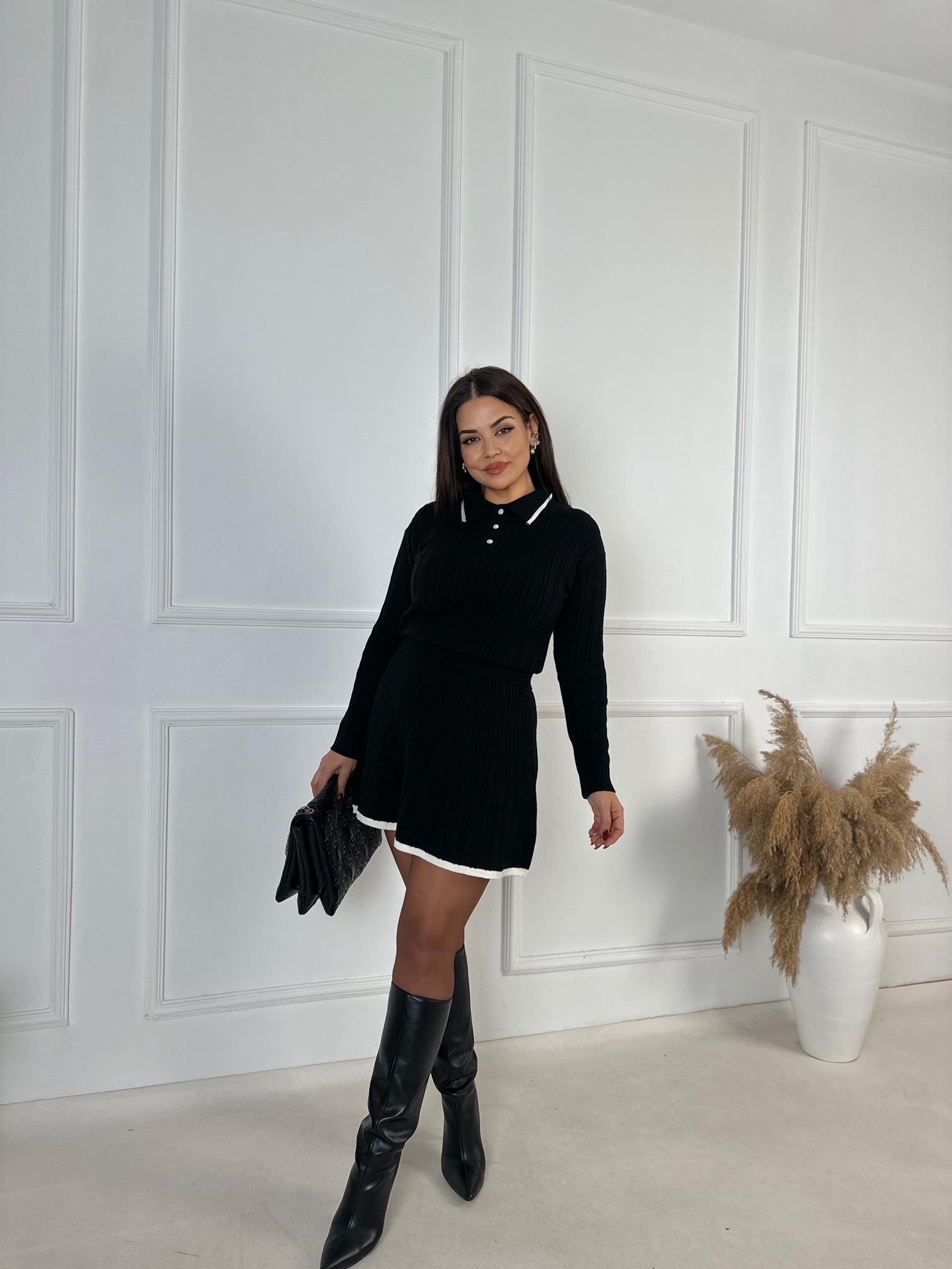 Premium Kalite Örgülü Kazak ve Etek Triko Takım - Siyah