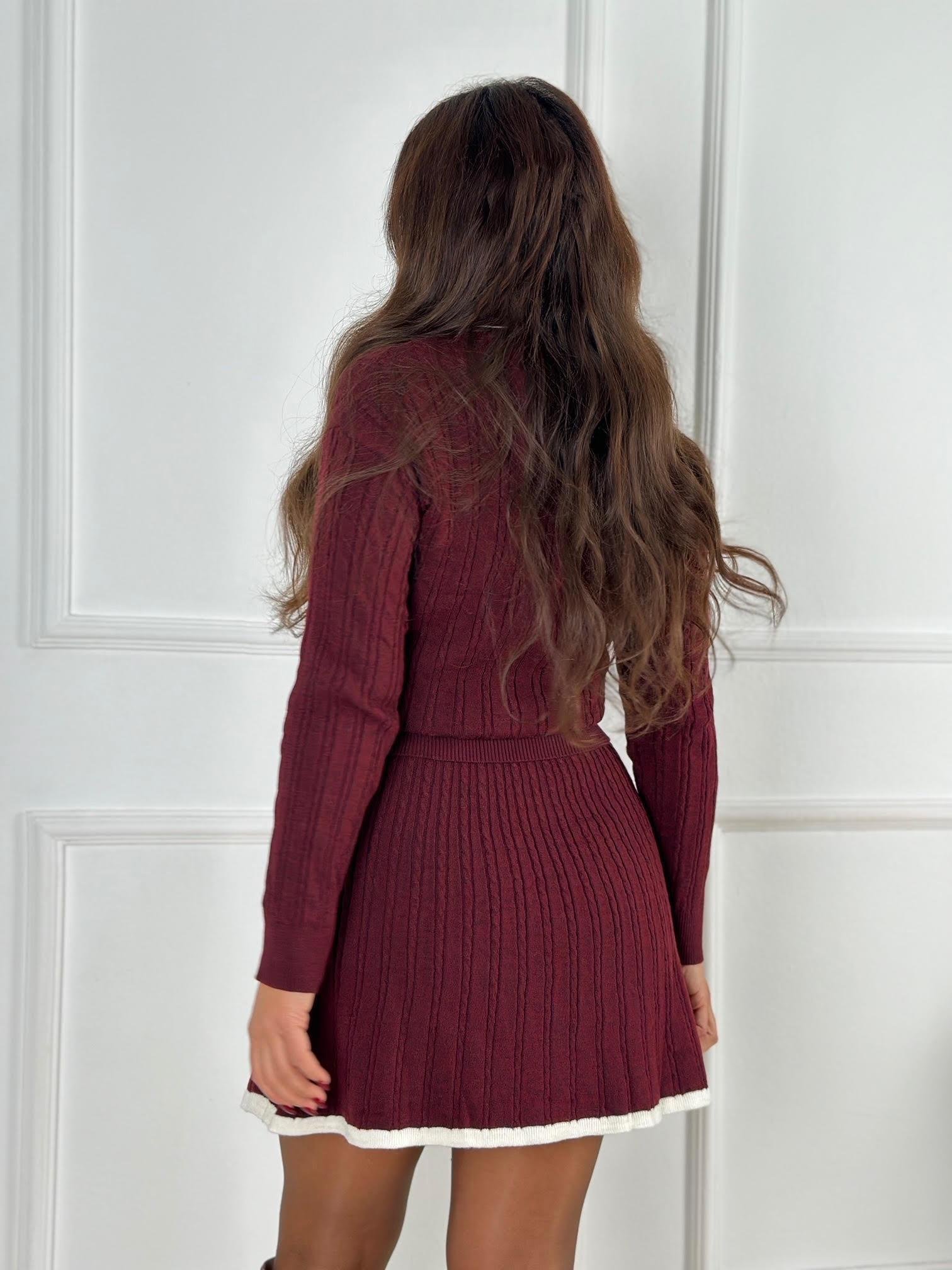 Premium Kalite Örgülü Kazak ve Etek Triko Takım - Bordo