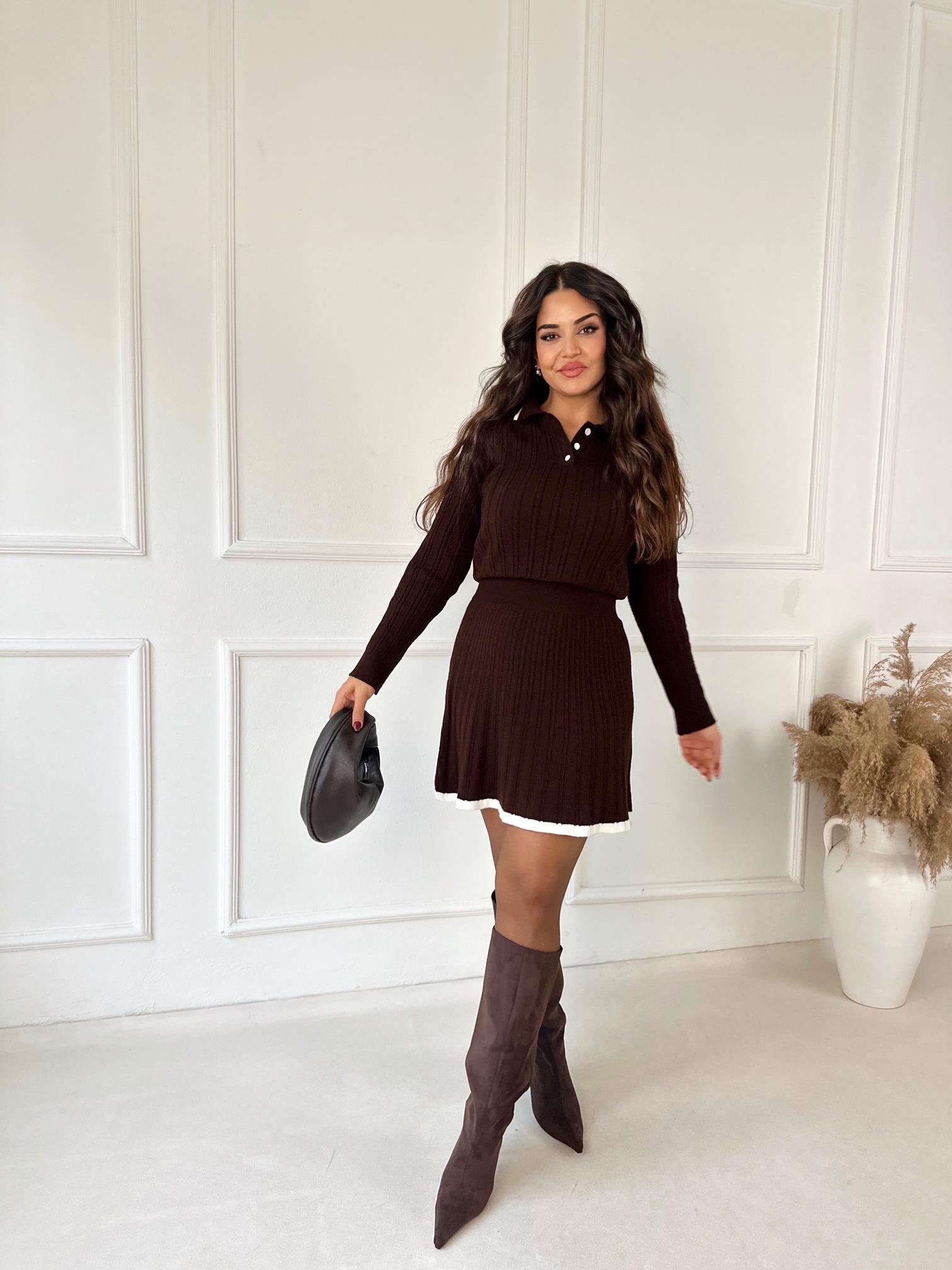 Premium Kalite Örgülü Kazak Ve Etek Triko Takım - Kahve | Nora Butik