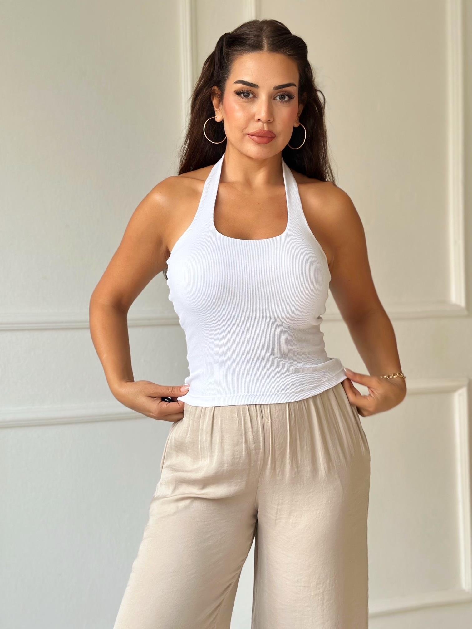 Premium Kalite Pamuklu Beyaz Halter Yaka Atlet - Nora Butik