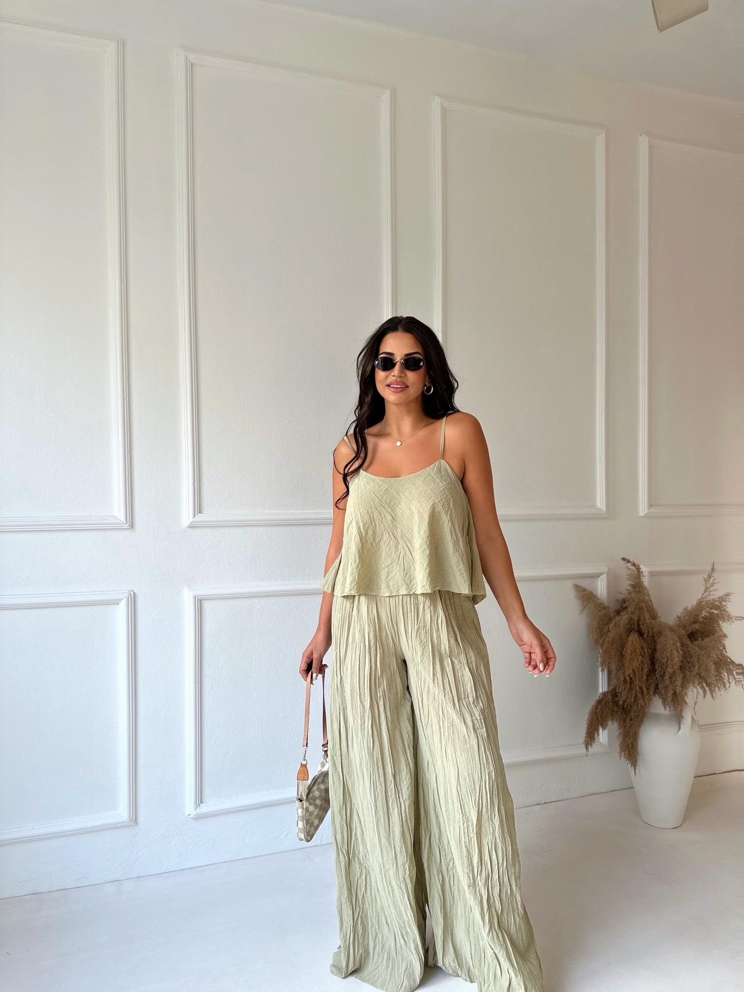 Premium Kalite Pamuklu Krinkıl Kumaş Bluz Pantolon Takım Çağla Yeşili