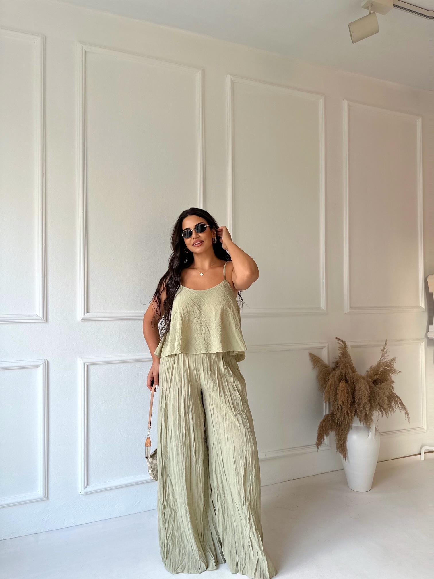 Premium Kalite Pamuklu Krinkıl Kumaş Bluz Pantolon Takım Çağla Yeşili