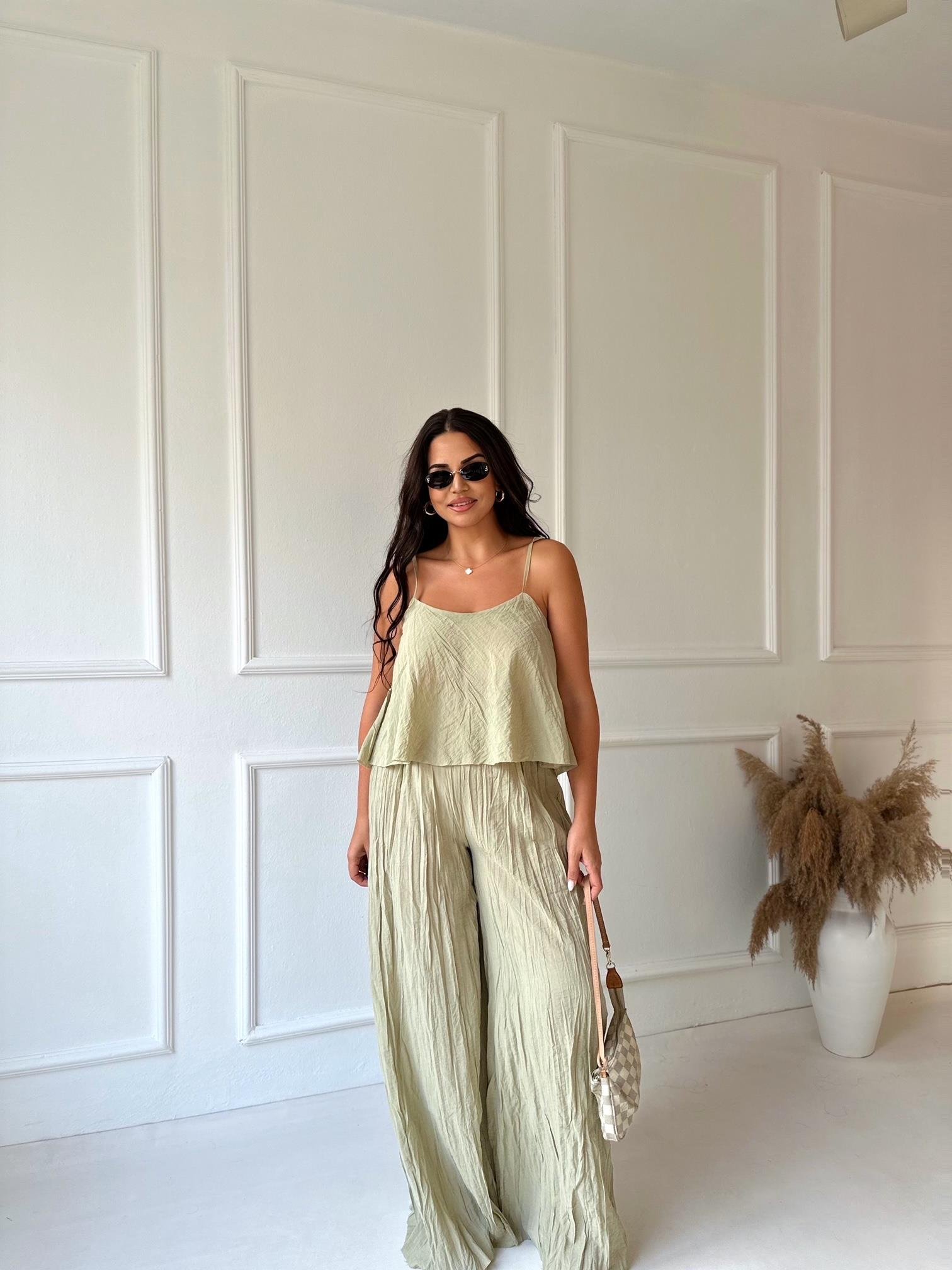 Premium Kalite Pamuklu Krinkıl Kumaş Bluz Pantolon Takım Çağla Yeşili