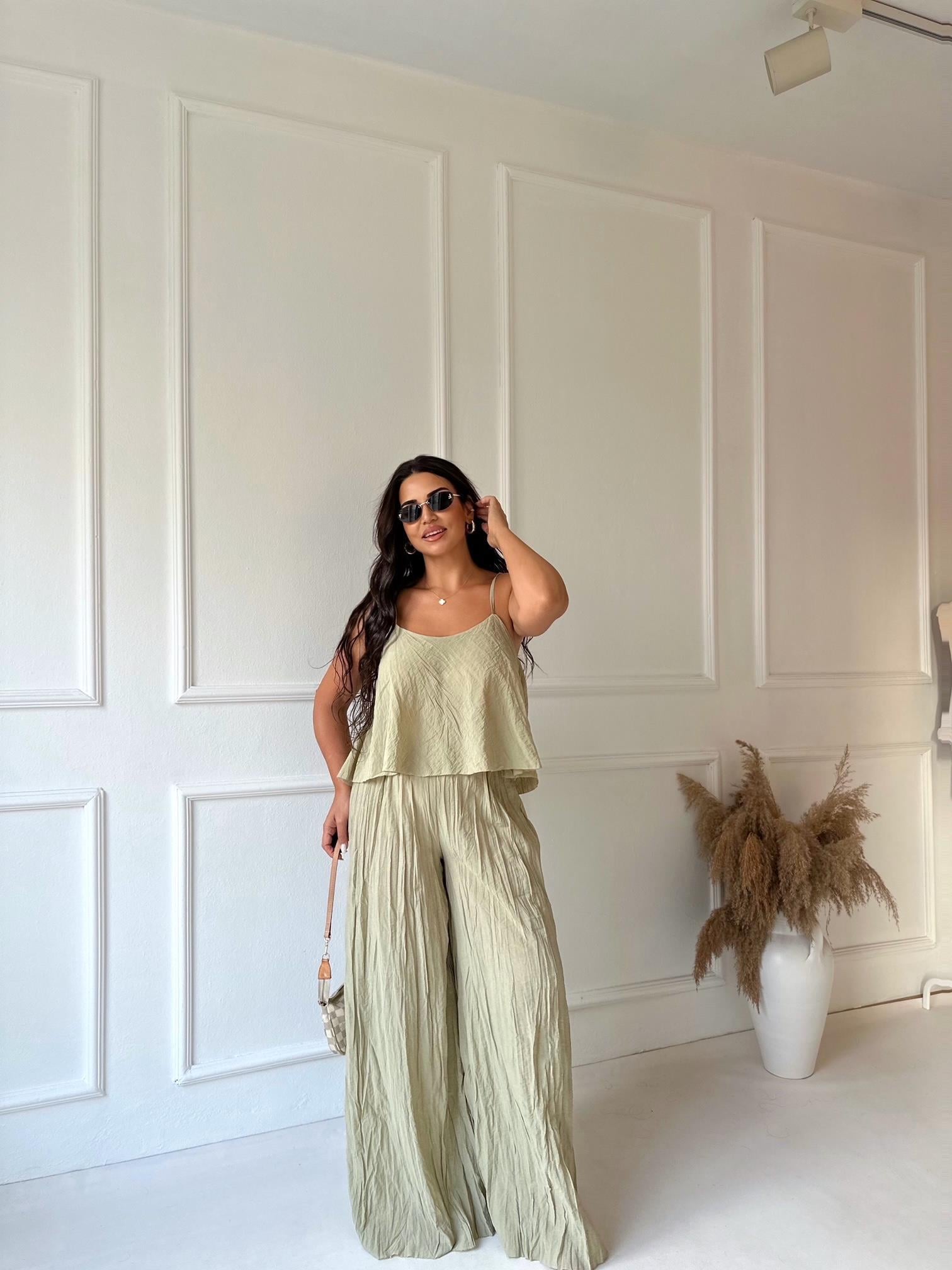 Premium Kalite Pamuklu Krinkıl Kumaş Bluz Pantolon Takım Çağla Yeşili