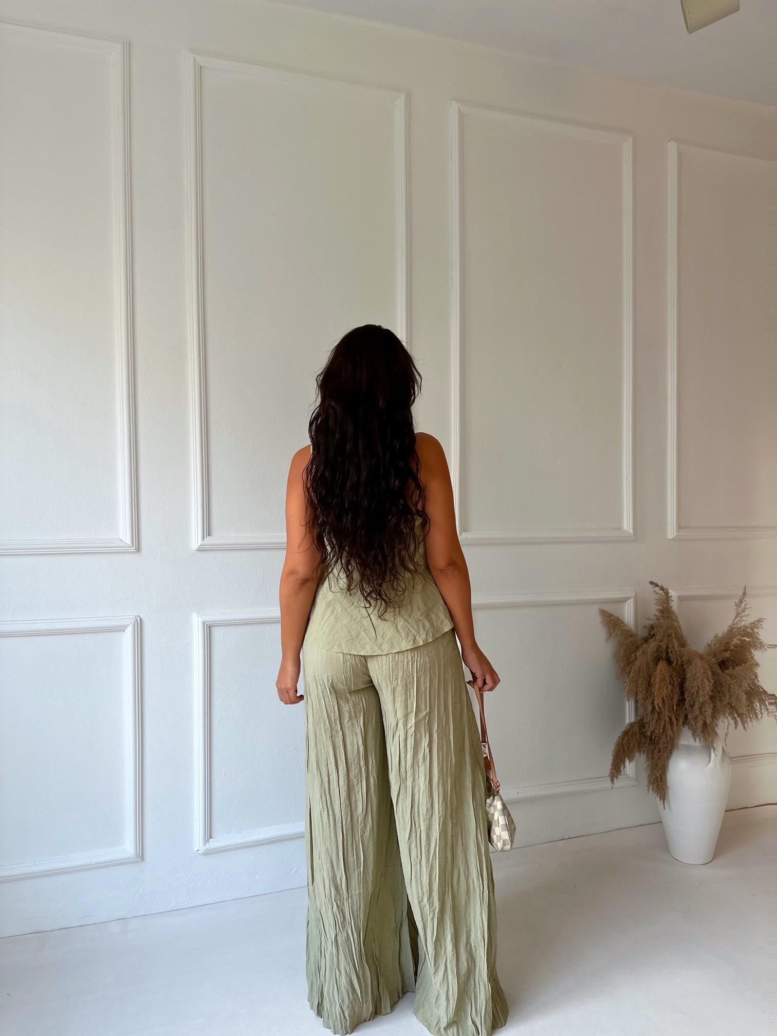 Premium Kalite Pamuklu Krinkıl Kumaş Bluz Pantolon Takım Çağla Yeşili