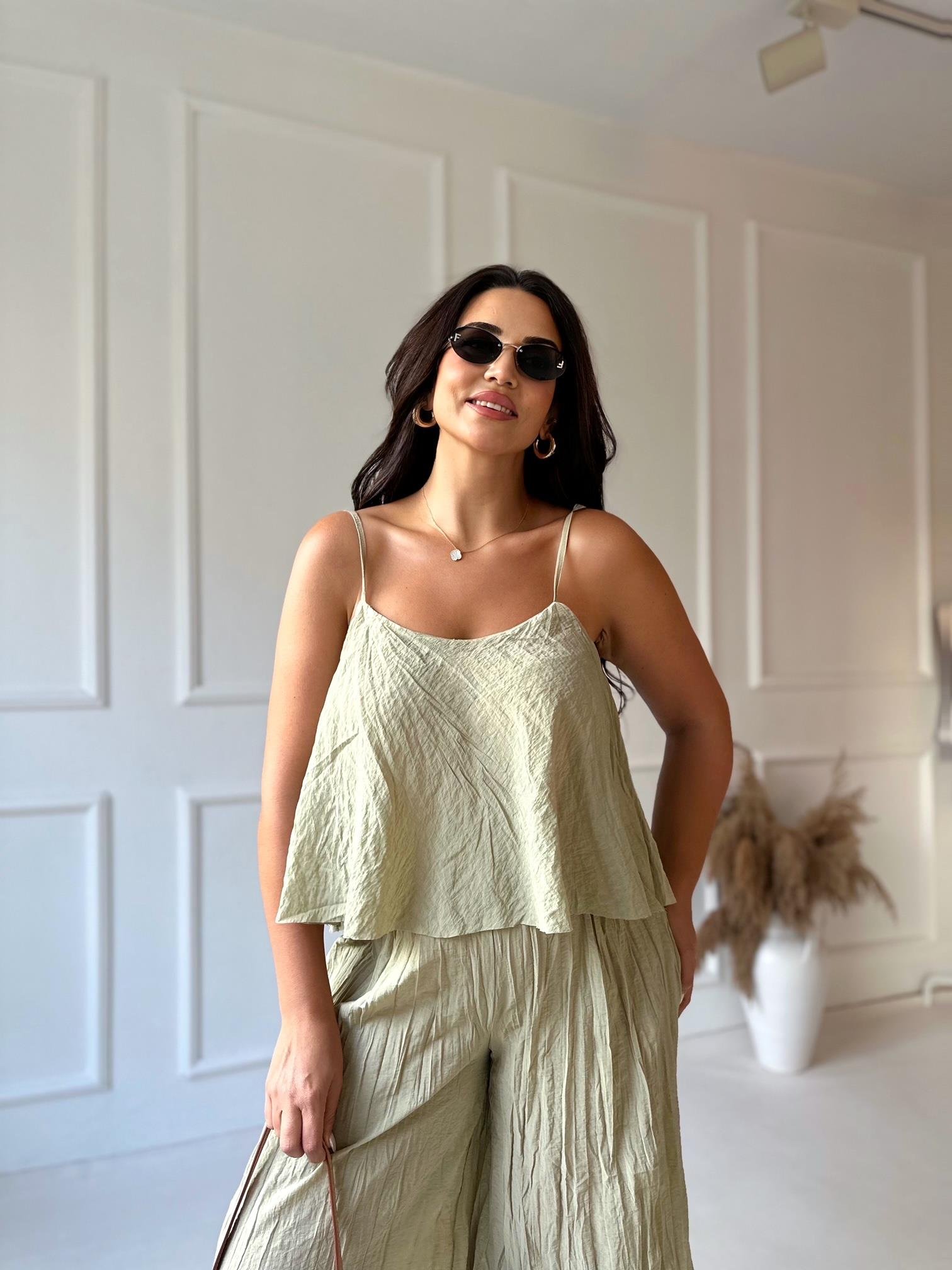 Premium Kalite Pamuklu Krinkıl Kumaş Bluz Pantolon Takım Çağla Yeşili