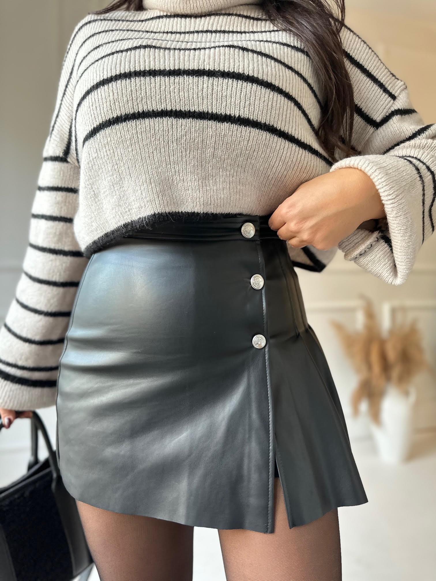 Premium Kalite Pile Detaylı Siyah Deri Etek