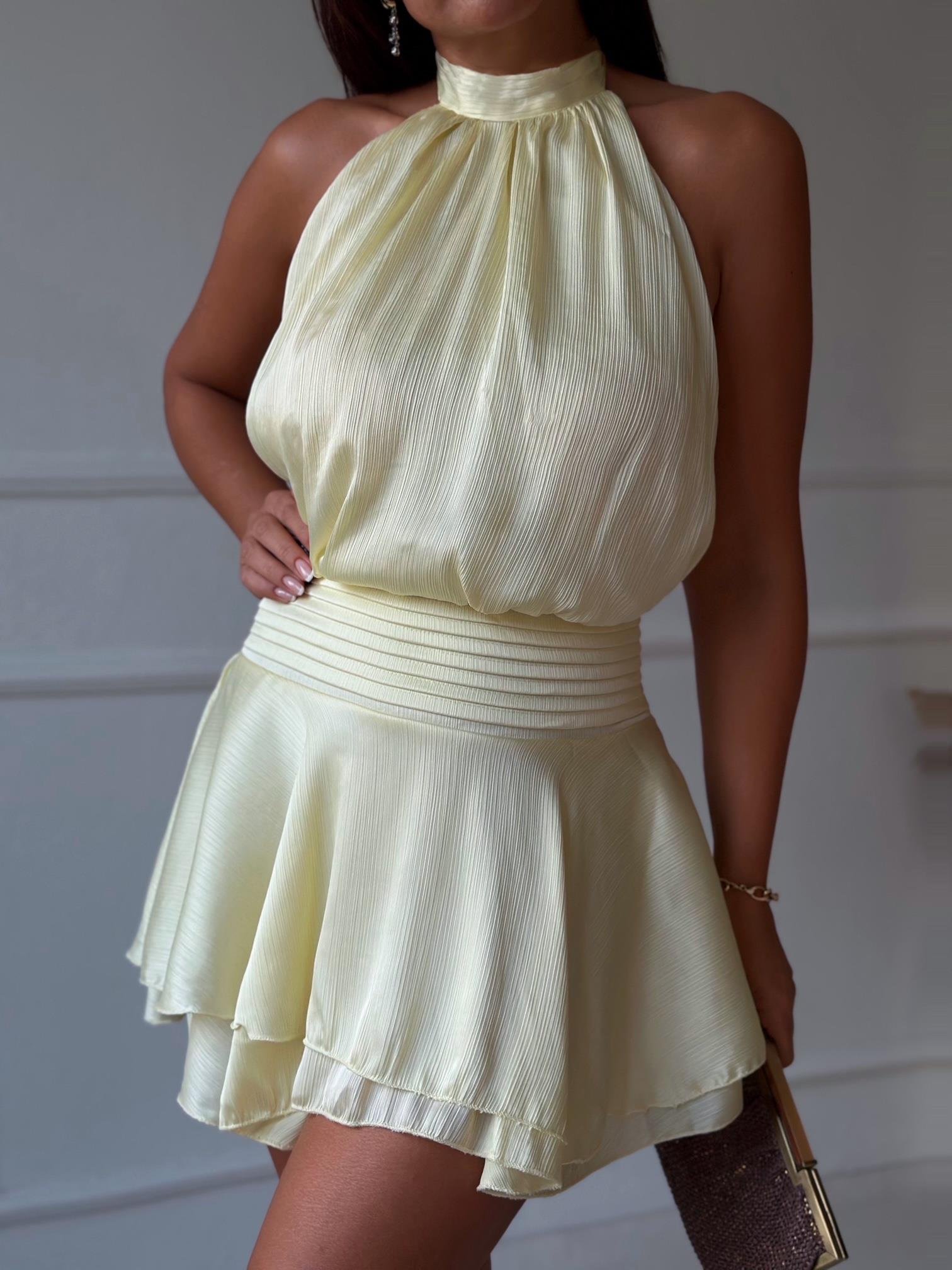 Premium Kalite Sarı Belden Oturtmalı Volanlı Mini Elbise