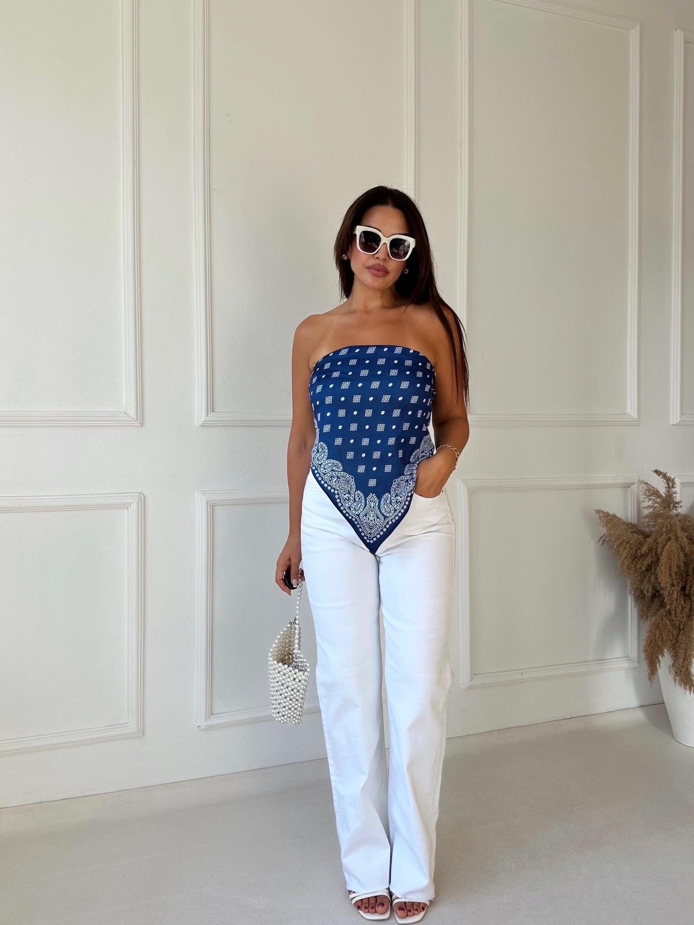 Premium Kalite Saten Mavi Şal Bluz