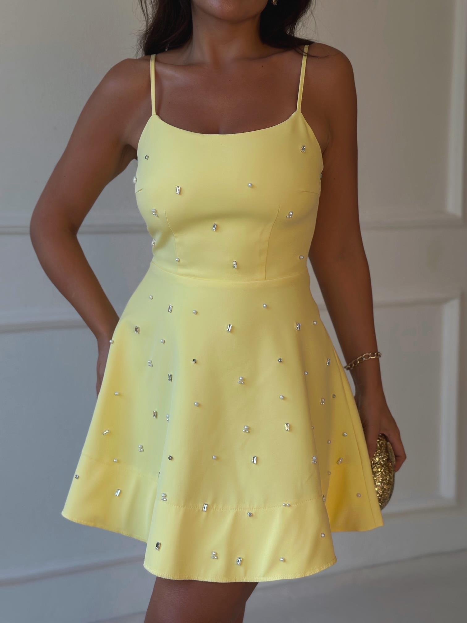 Premium Kalite Taşlı Kloş Sarı Mini Elbise