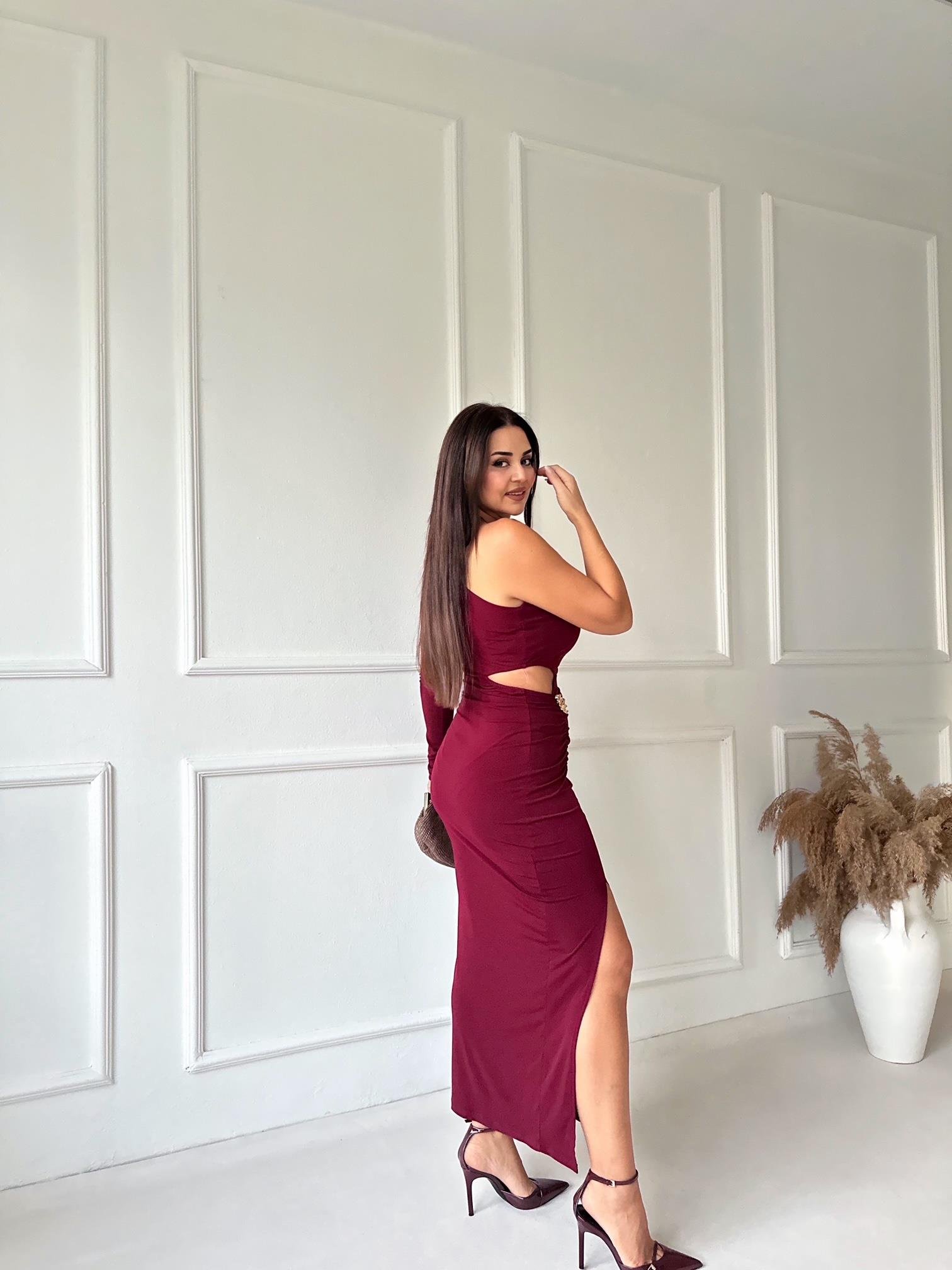 Premium Kalite Tek Kollu Drapeli Bordo Midi Elbise