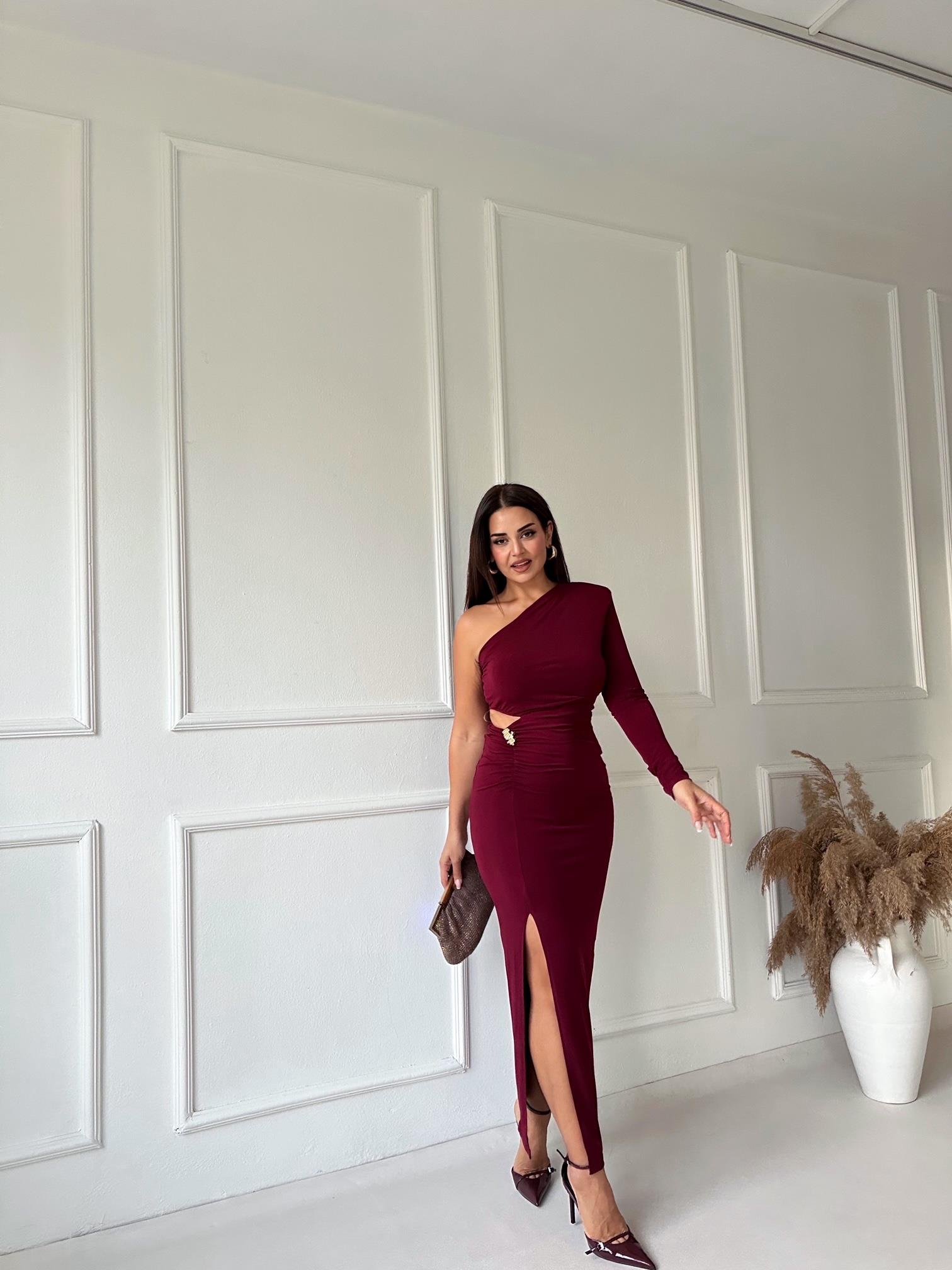 Premium Kalite Tek Kollu Drapeli Bordo Midi Elbise