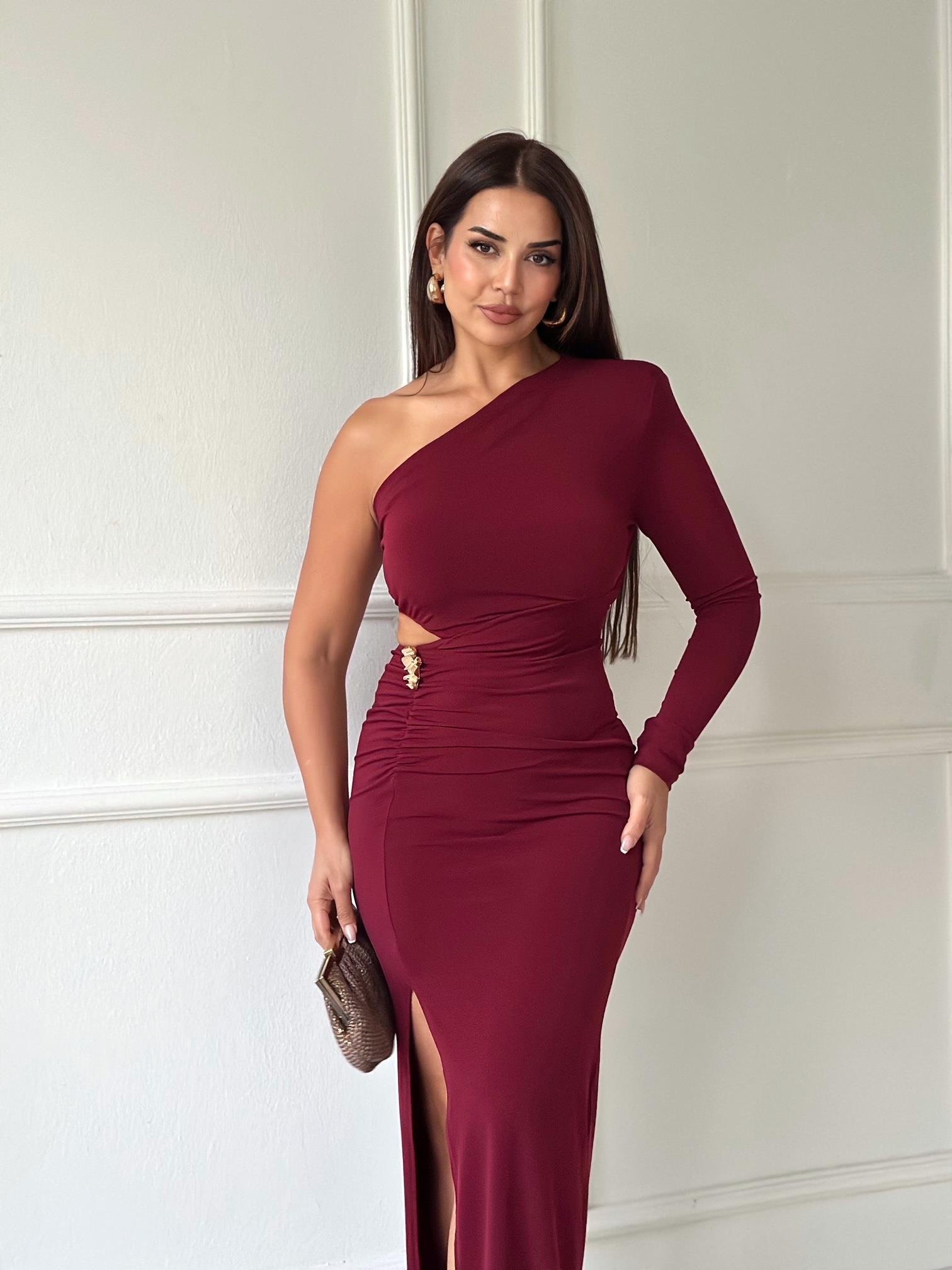 Premium Kalite Tek Kollu Drapeli Bordo Midi Elbise