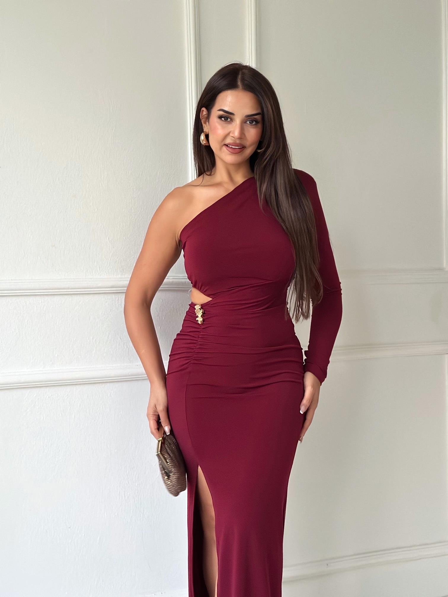 Premium Kalite Tek Kollu Drapeli Bordo Midi Elbise