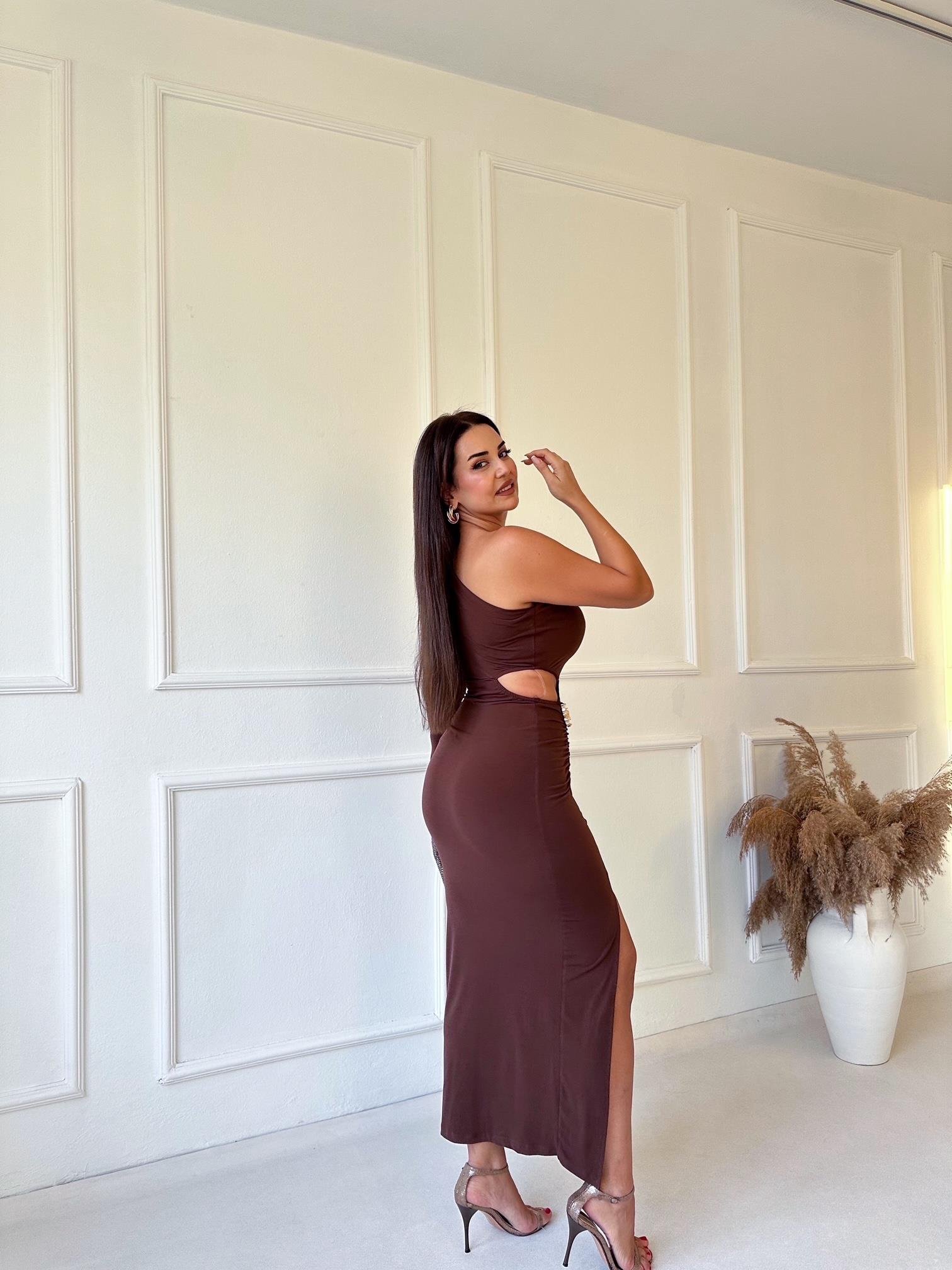 Premium Kalite Tek Kollu Drapeli Kahve Midi Elbise